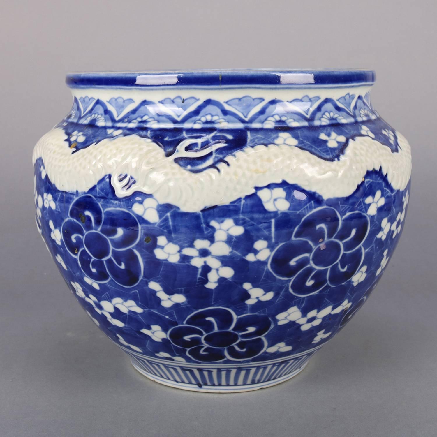 Chinese Hand-Painted High Relief Porcelain Dragon Jardeniere, Blue and White 3
