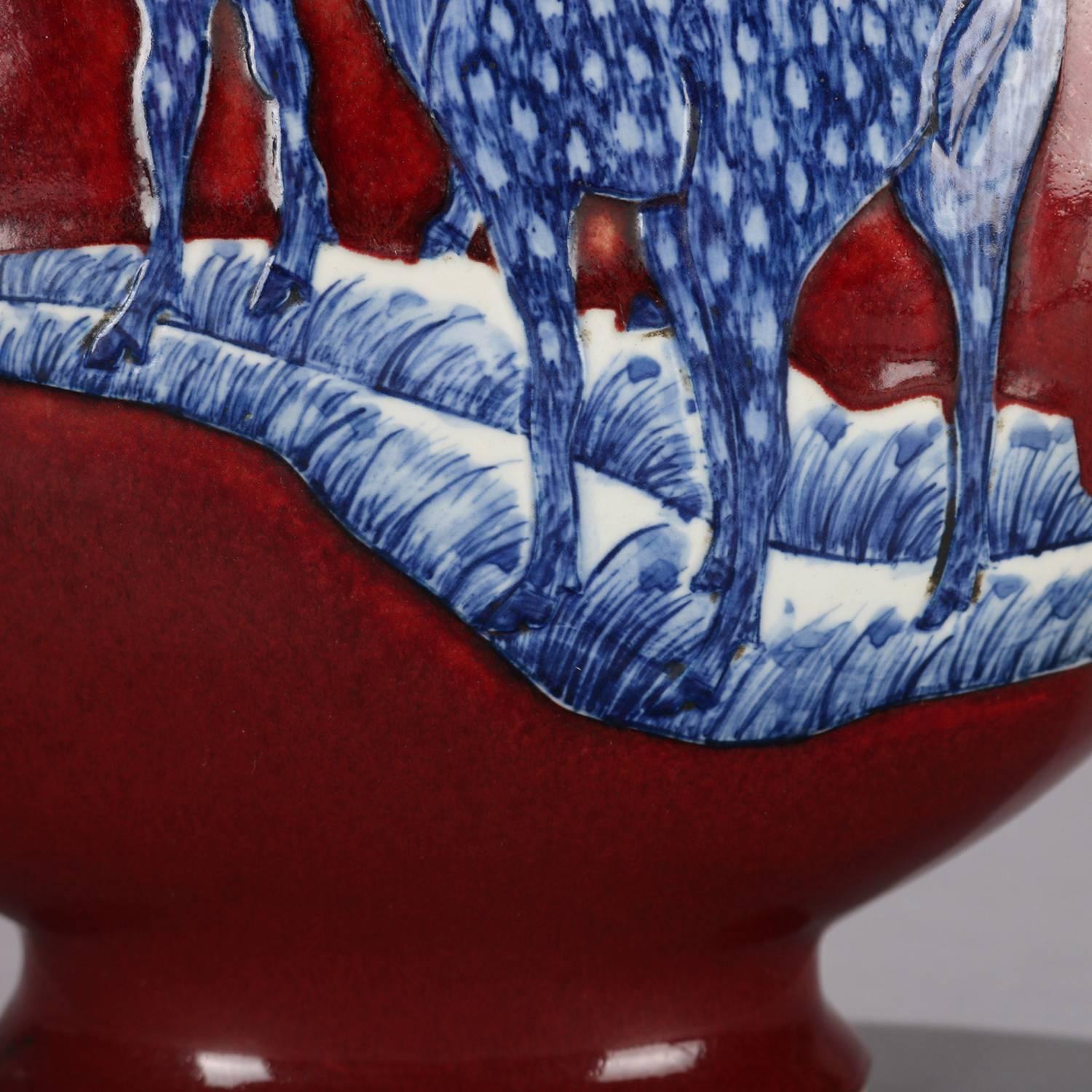 Chinese Hand-Painted Oxblood Moon Vase with Deer, Chop Mark Titled, 20th Century 8