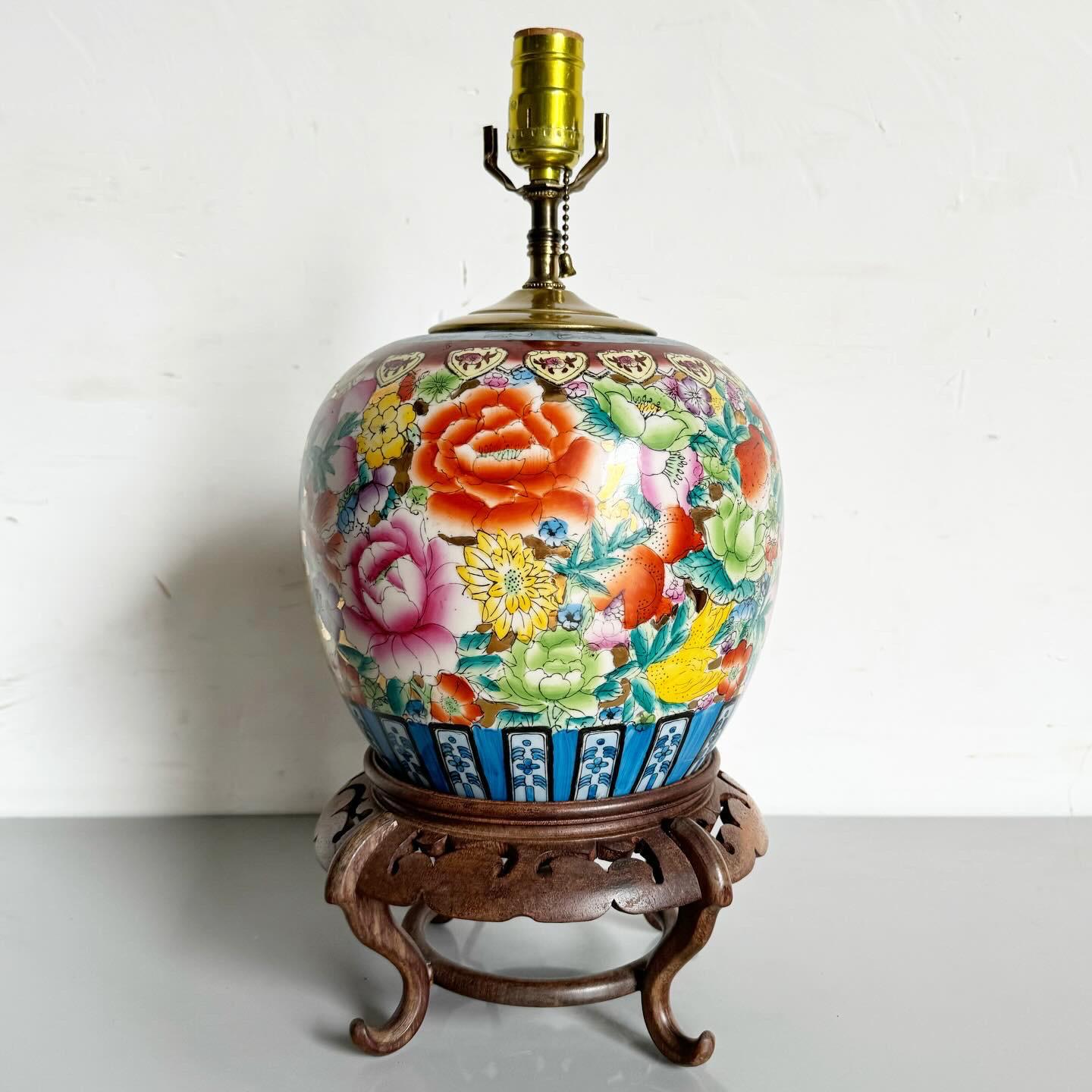 Chinoiserie Chinese Hand Painted Pagoda Table Lamp on Hand Carved Wooden Base For Sale
