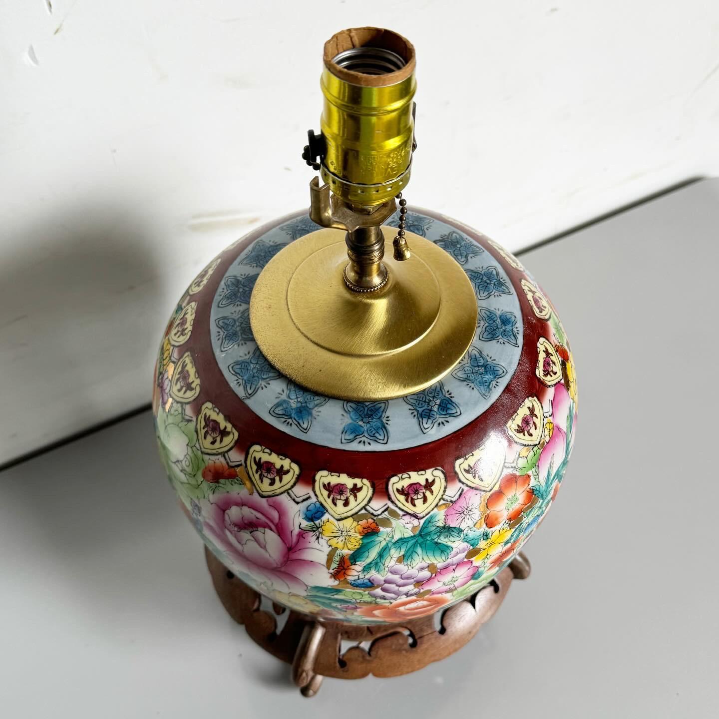 Chinese Hand Painted Pagoda Table Lamp on Hand Carved Wooden Base In Good Condition For Sale In Delray Beach, FL