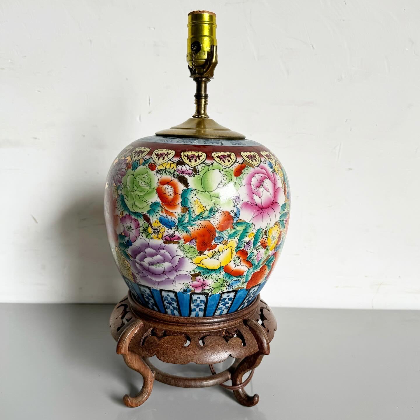 20th Century Chinese Hand Painted Pagoda Table Lamp on Hand Carved Wooden Base For Sale