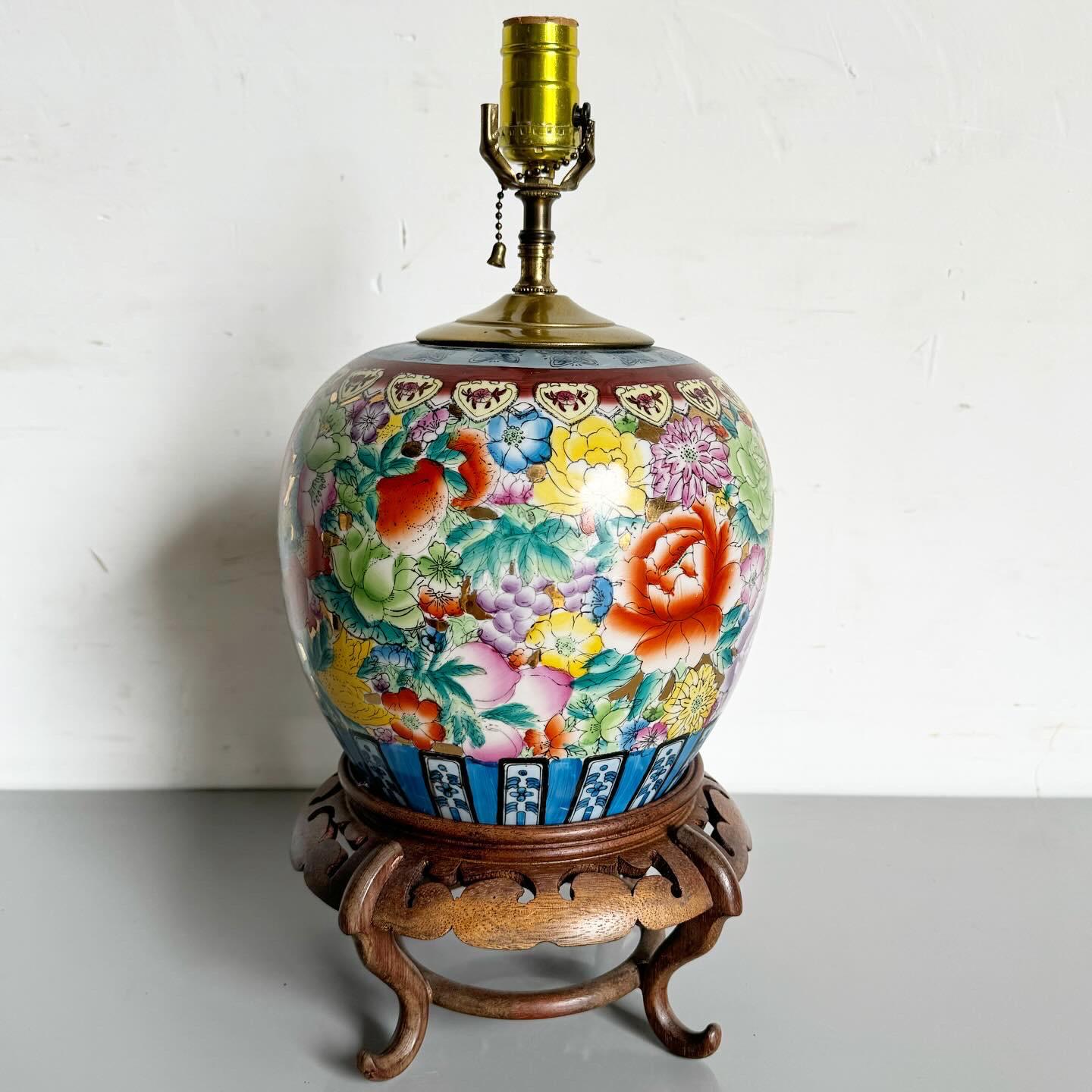 Ceramic Chinese Hand Painted Pagoda Table Lamp on Hand Carved Wooden Base For Sale