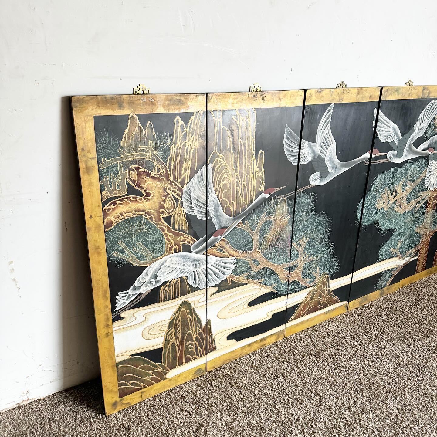Discover the enchanting beauty of our hand painted Chinese Crane Art Panels of Flying Red Crowned Cranes. This set of six captures the elegance of these symbolic birds with exquisite detail against a black background, making a striking statement in