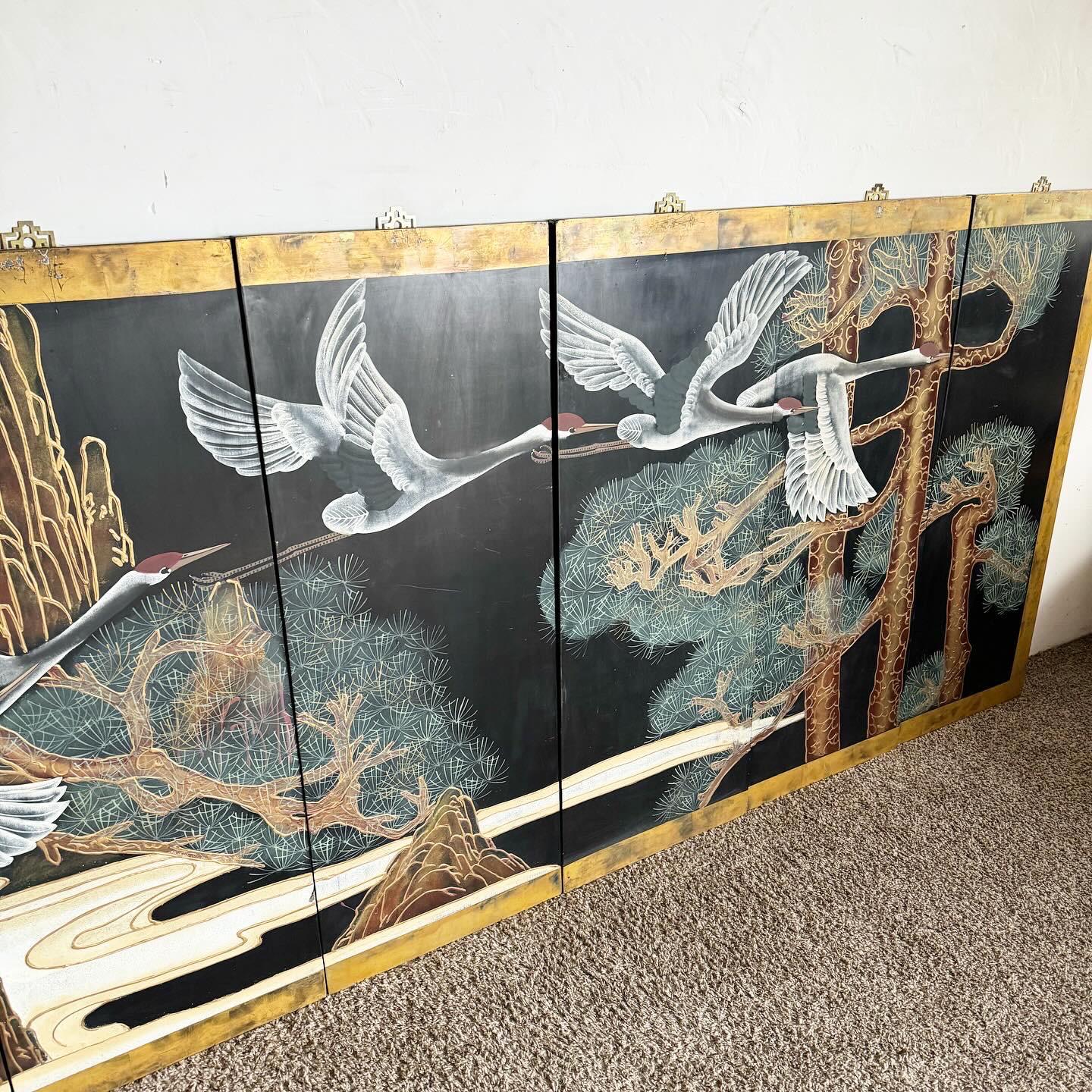 Chinoiserie Chinese Hand Painted Panels of Flying Red Crowned Cranes - 6 Pieces For Sale