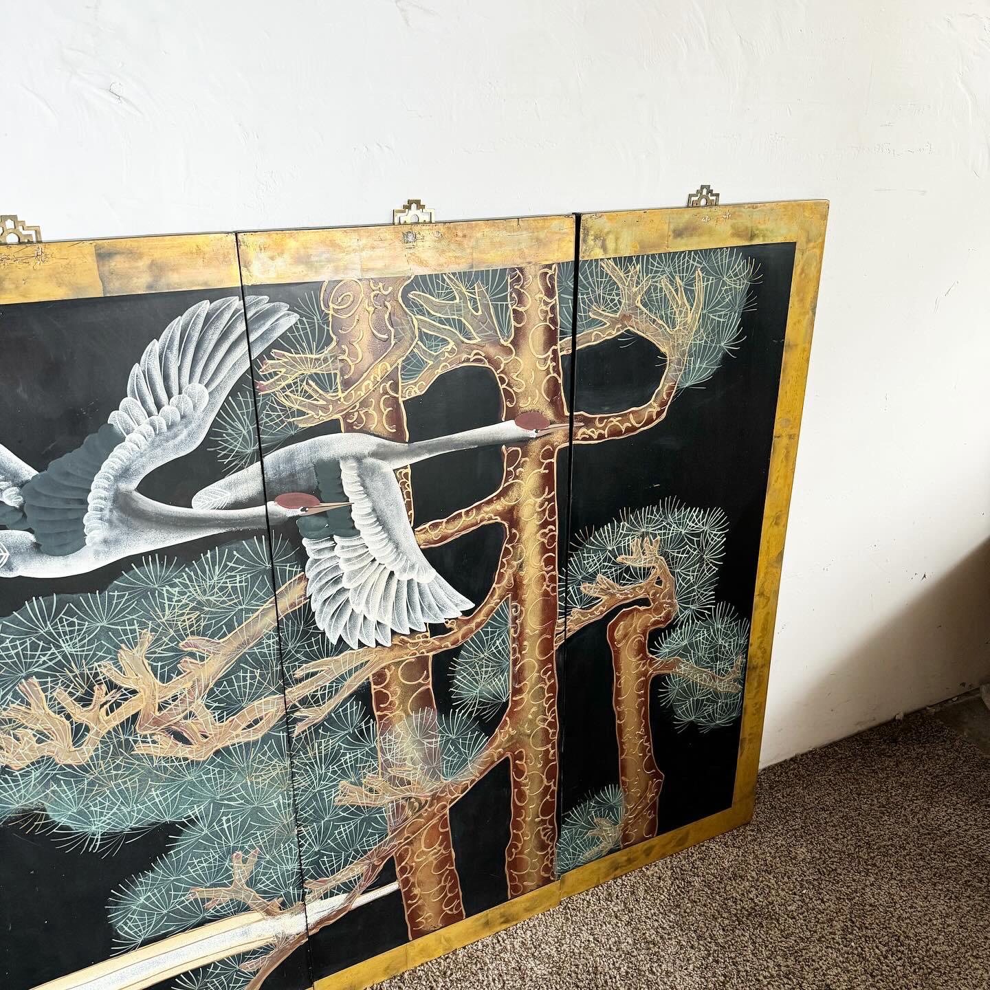 20th Century Chinese Hand Painted Panels of Flying Red Crowned Cranes - 6 Pieces For Sale
