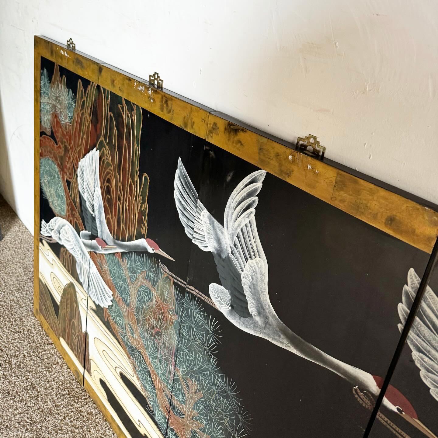Chinese Hand Painted Panels of Flying Red Crowned Cranes - 6 Pieces For Sale 1