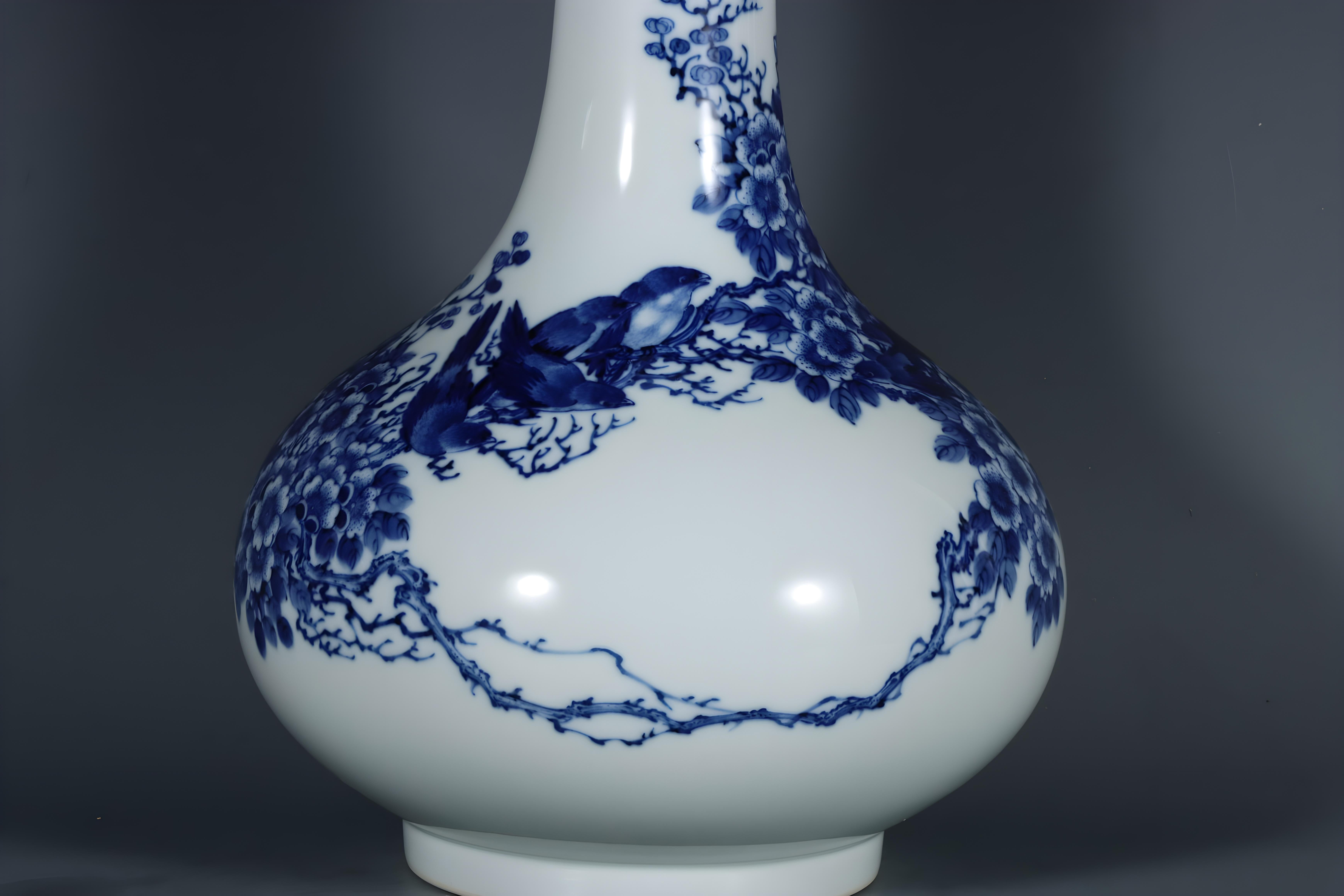 Chinese Hand Painted Porcelain Blue White Birds Flowers Vase For Sale 5
