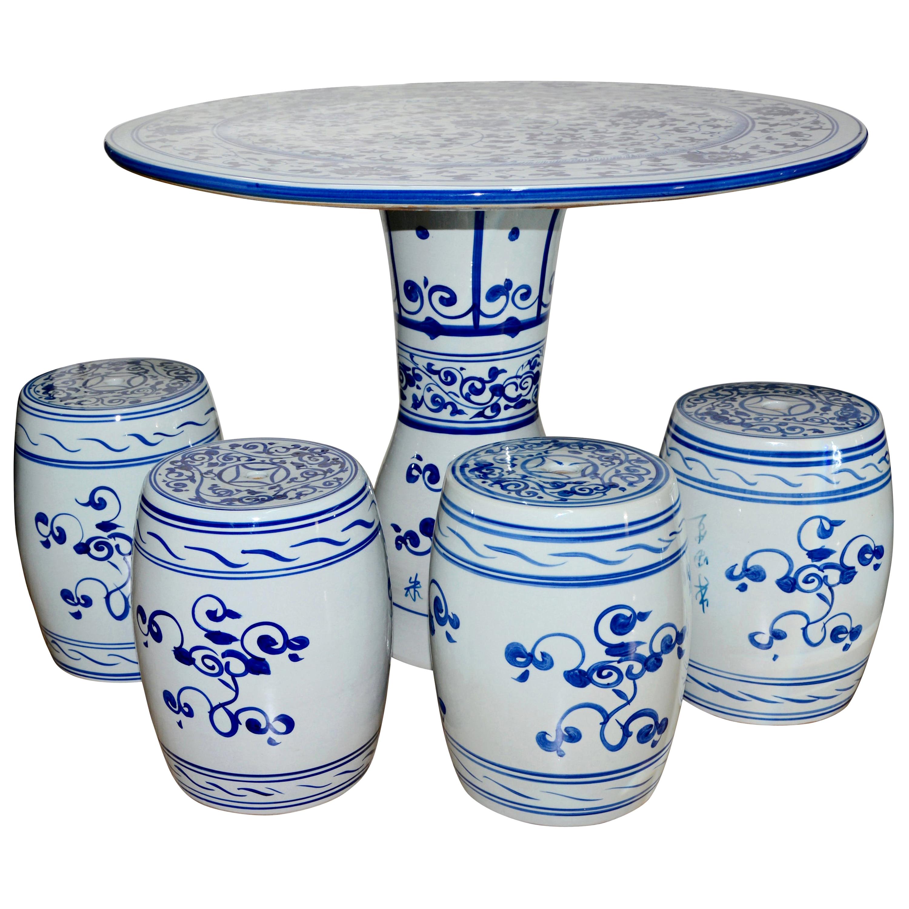 Chinese Hand Painted Porcelain Garden Table and Stools For Sale