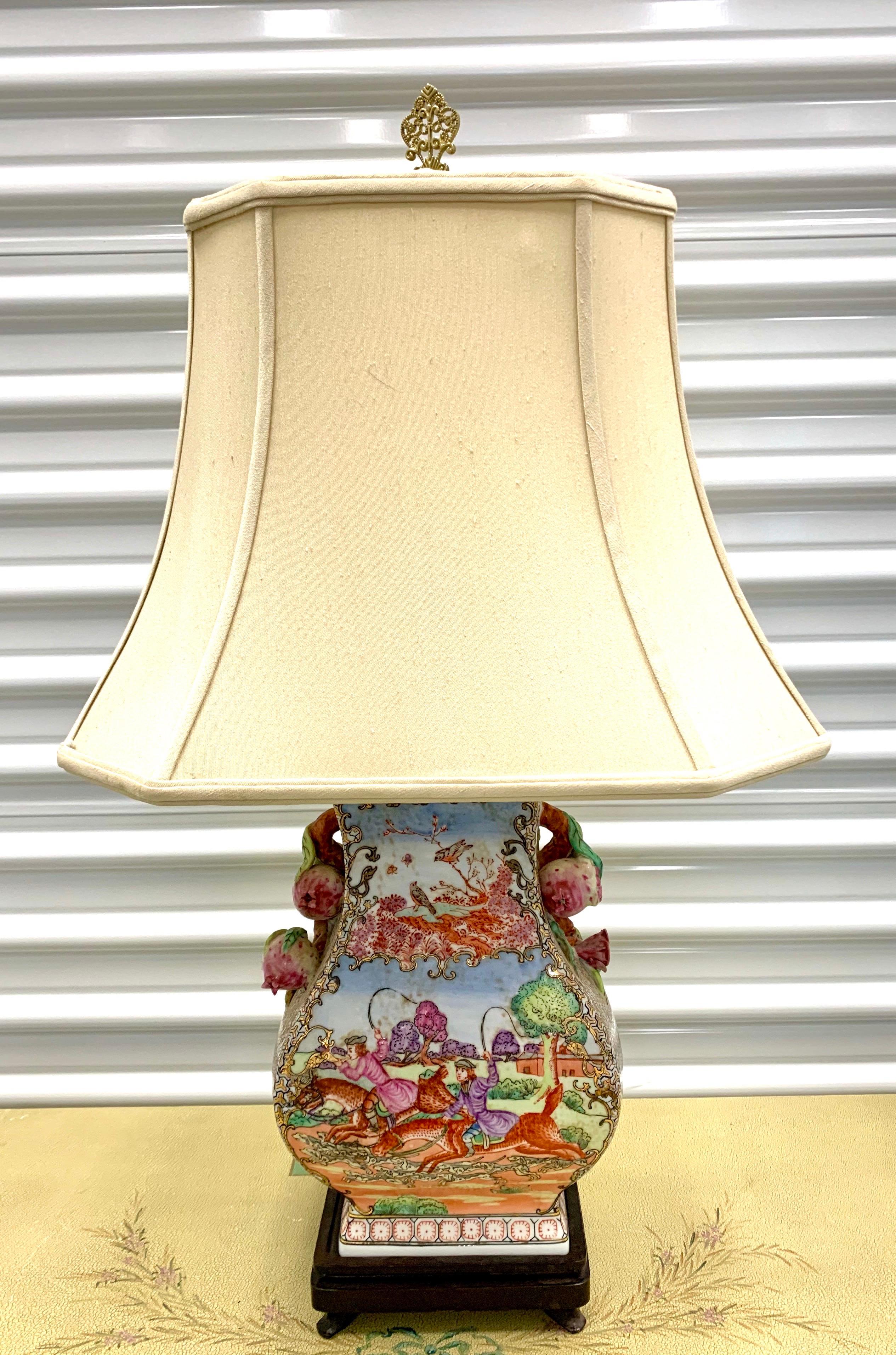 Chinoiserie Chinese Hand Painted Porcelain Lamp with Fox Hunt Scene
