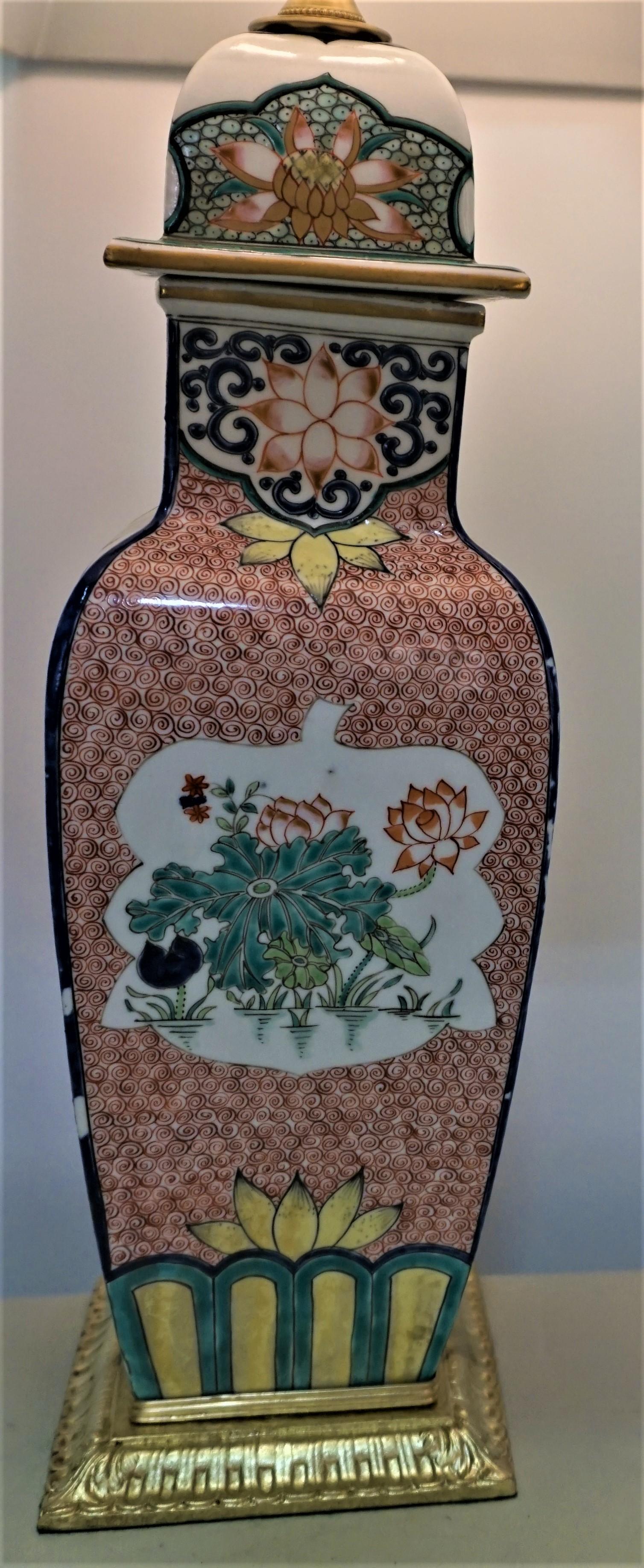 Chinese hand painted porcelain vase that electrified as a table lamp in France with bronze mounting.
Fitted with silk lampshade.
Measurement include the shade.