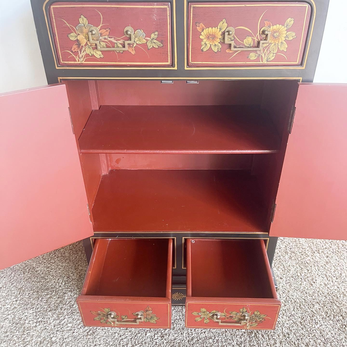 Chinese Hand Painted Red and Black Waterfall Cabinet For Sale 4