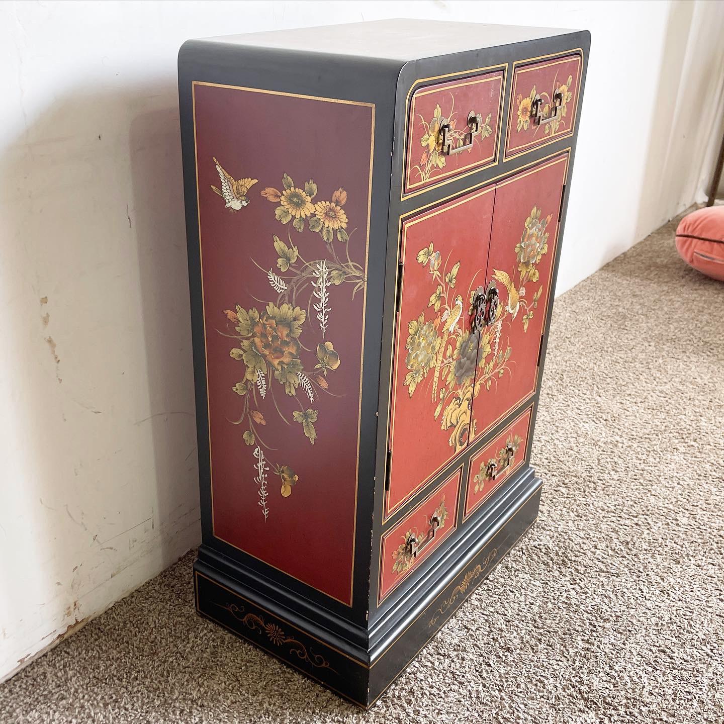 Chinoiserie Chinese Hand Painted Red and Black Waterfall Cabinet For Sale