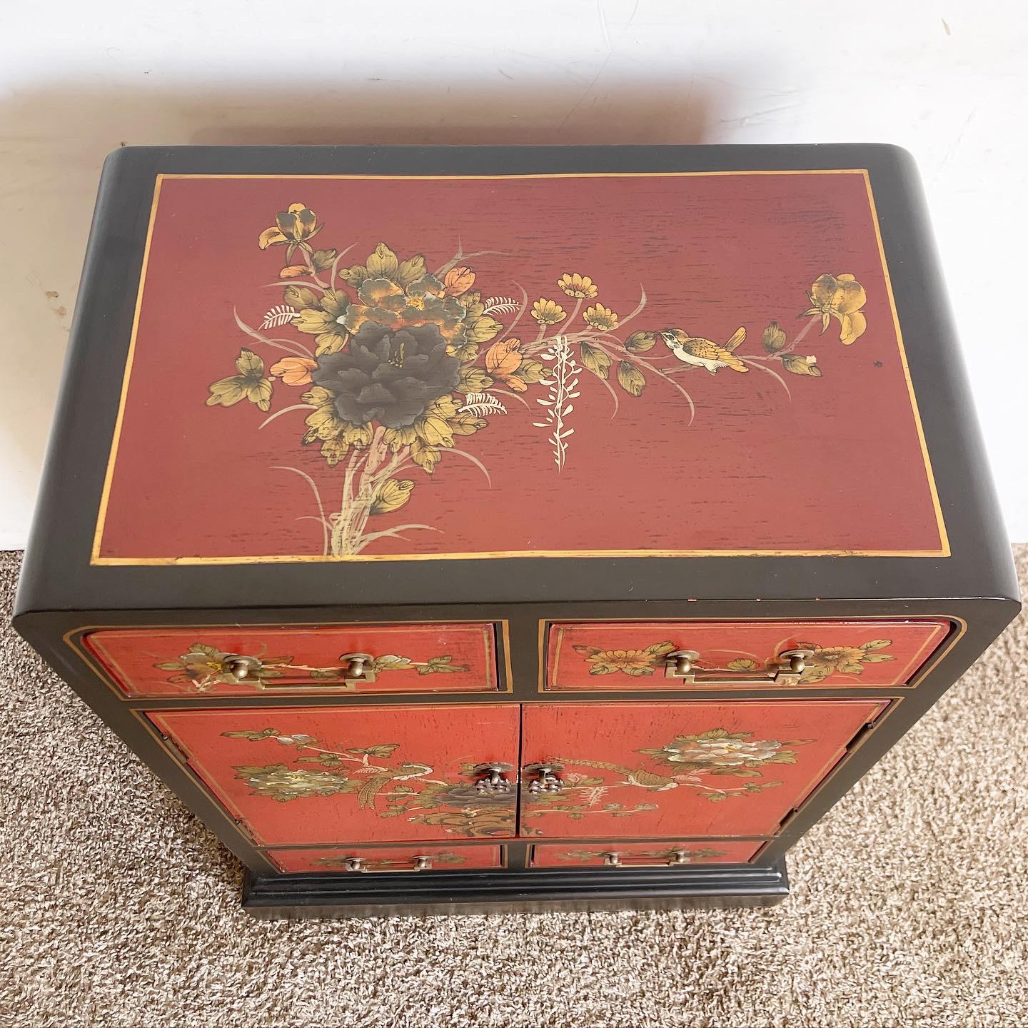 Chinese Hand Painted Red and Black Waterfall Cabinet In Good Condition For Sale In Delray Beach, FL