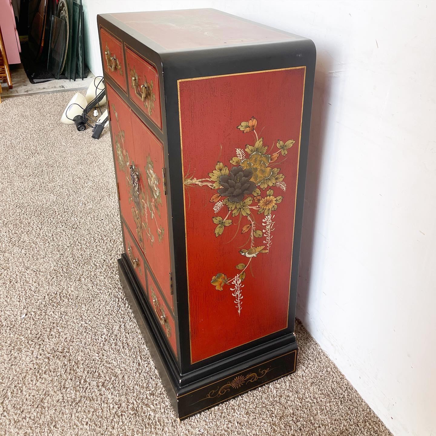 Late 20th Century Chinese Hand Painted Red and Black Waterfall Cabinet For Sale