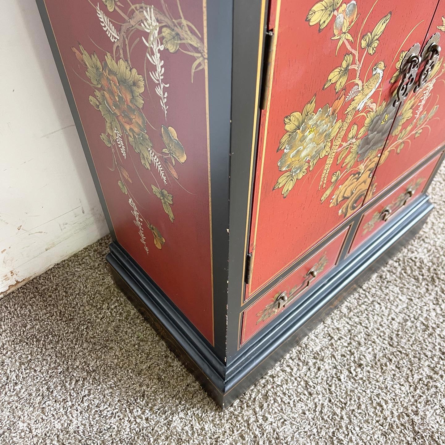 Wood Chinese Hand Painted Red and Black Waterfall Cabinet For Sale