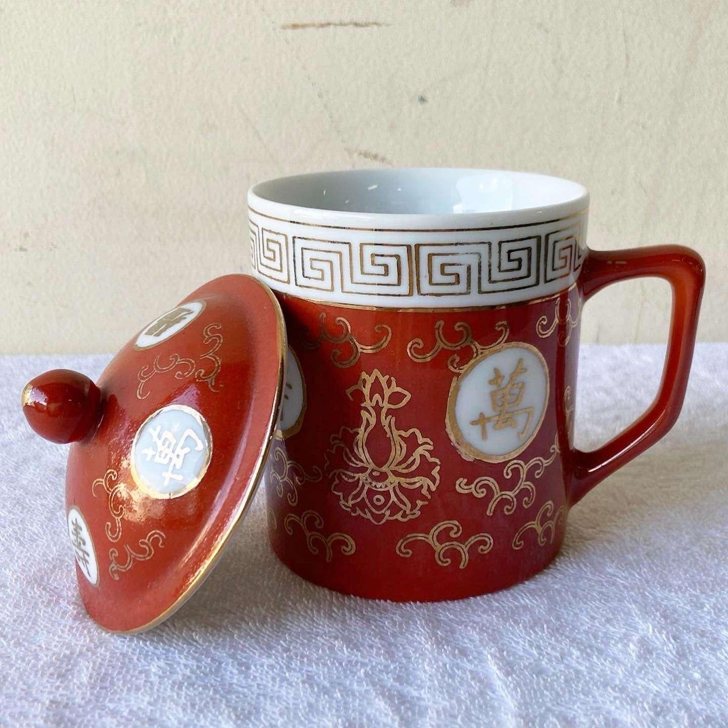Porcelain Chinese Hand Painted Red Tea Cup With Lid For Sale