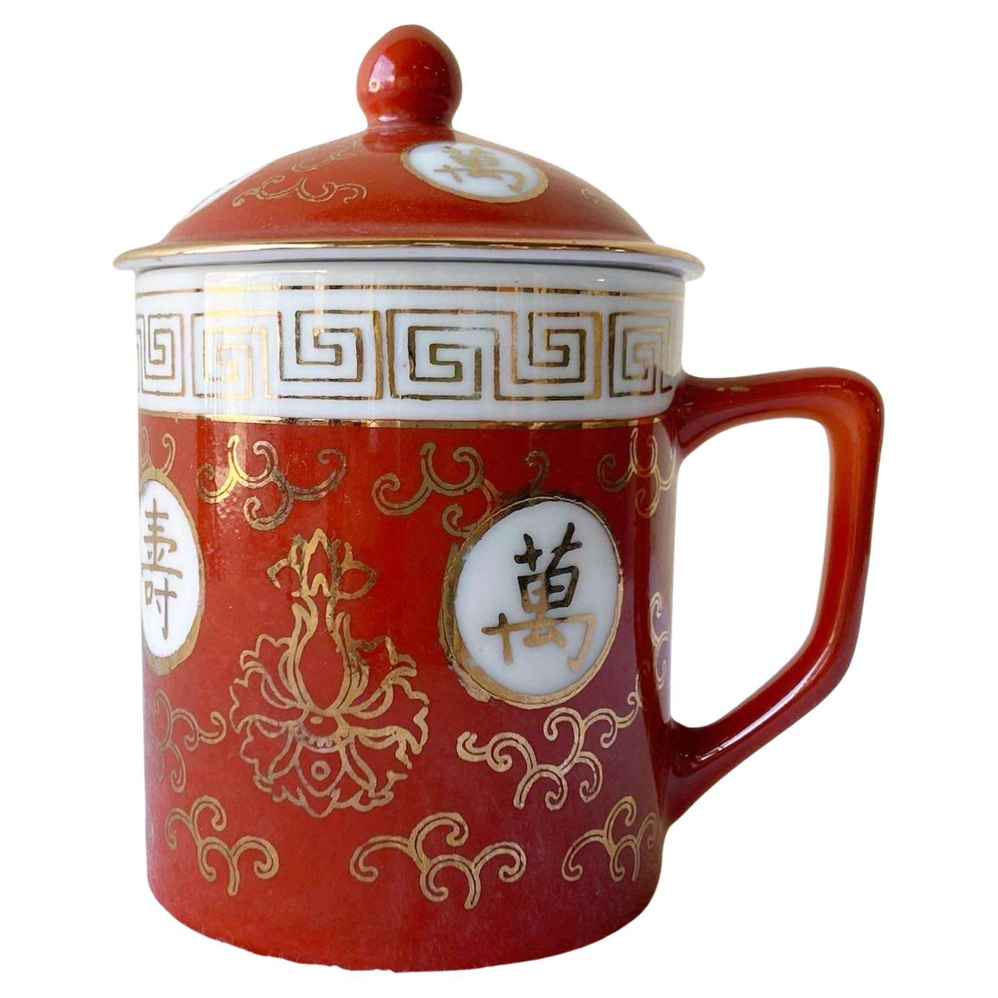 Chinese Hand Painted Red Tea Cup With Lid For Sale