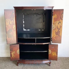 Chinese Hand Painted Riding Horses Red Armoire