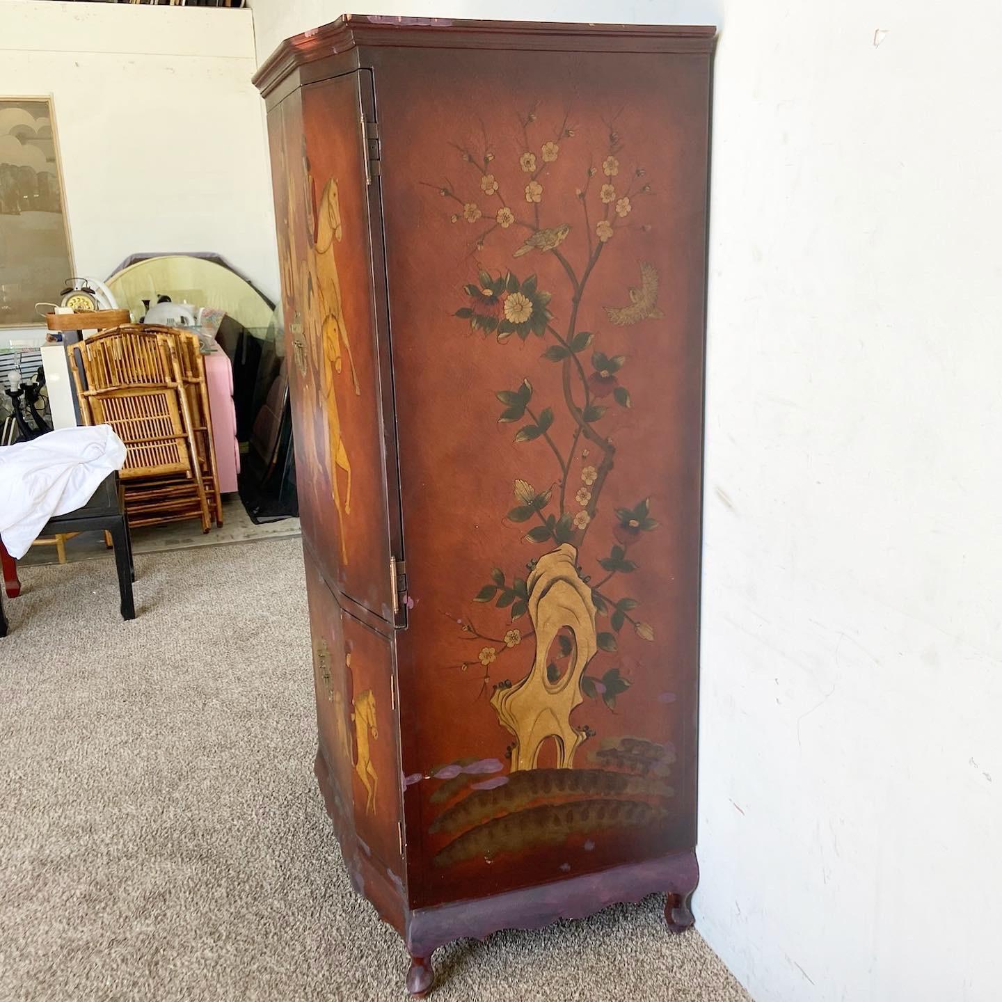 Chinoiserie Chinese Hand Painted Riding Horses Red Armoire