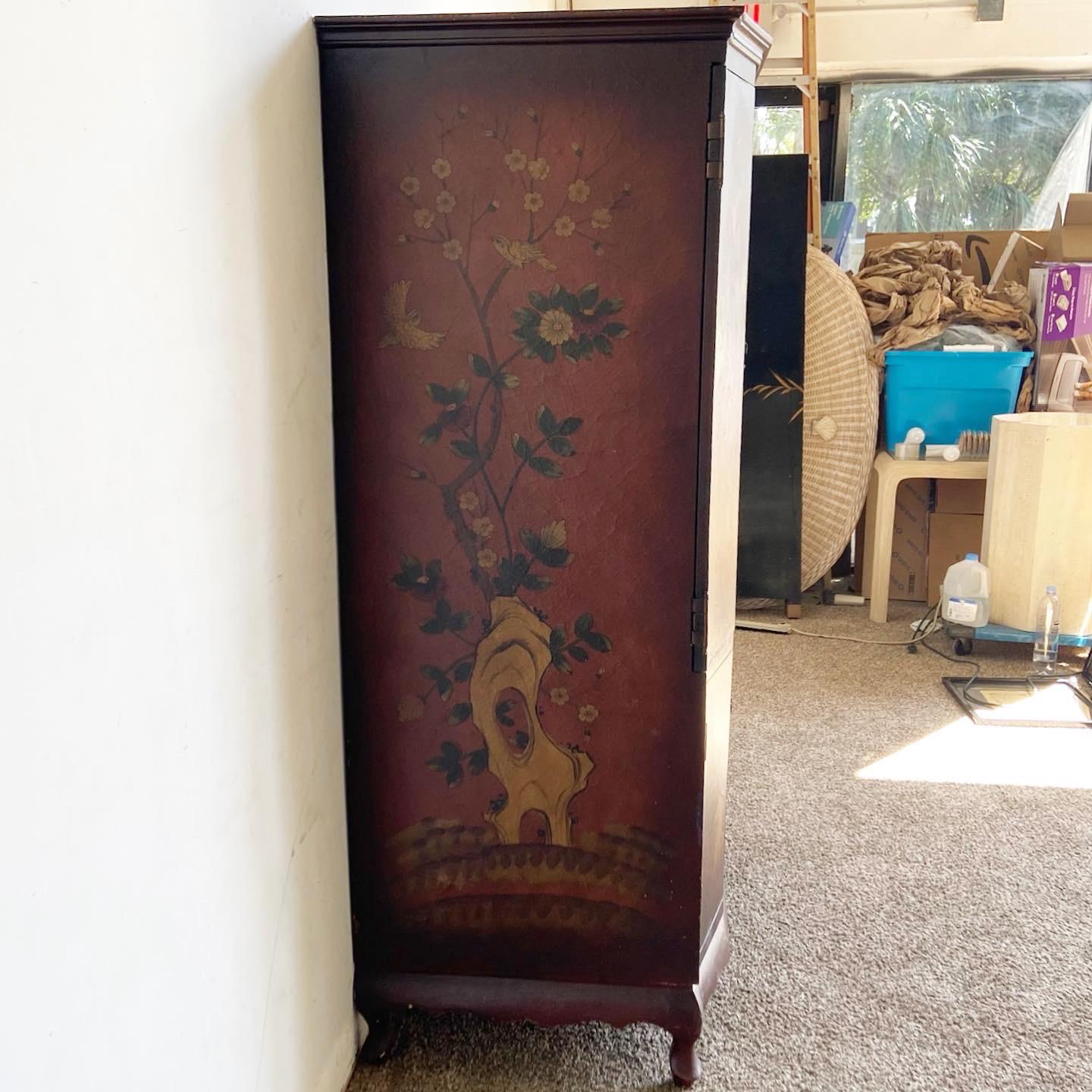 Chinese Hand Painted Riding Horses Red Armoire In Good Condition In Delray Beach, FL