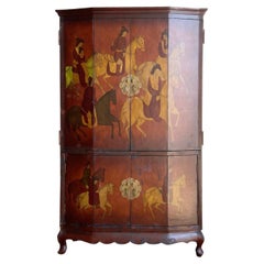 Chinese Hand Painted Riding Horses Red Armoire