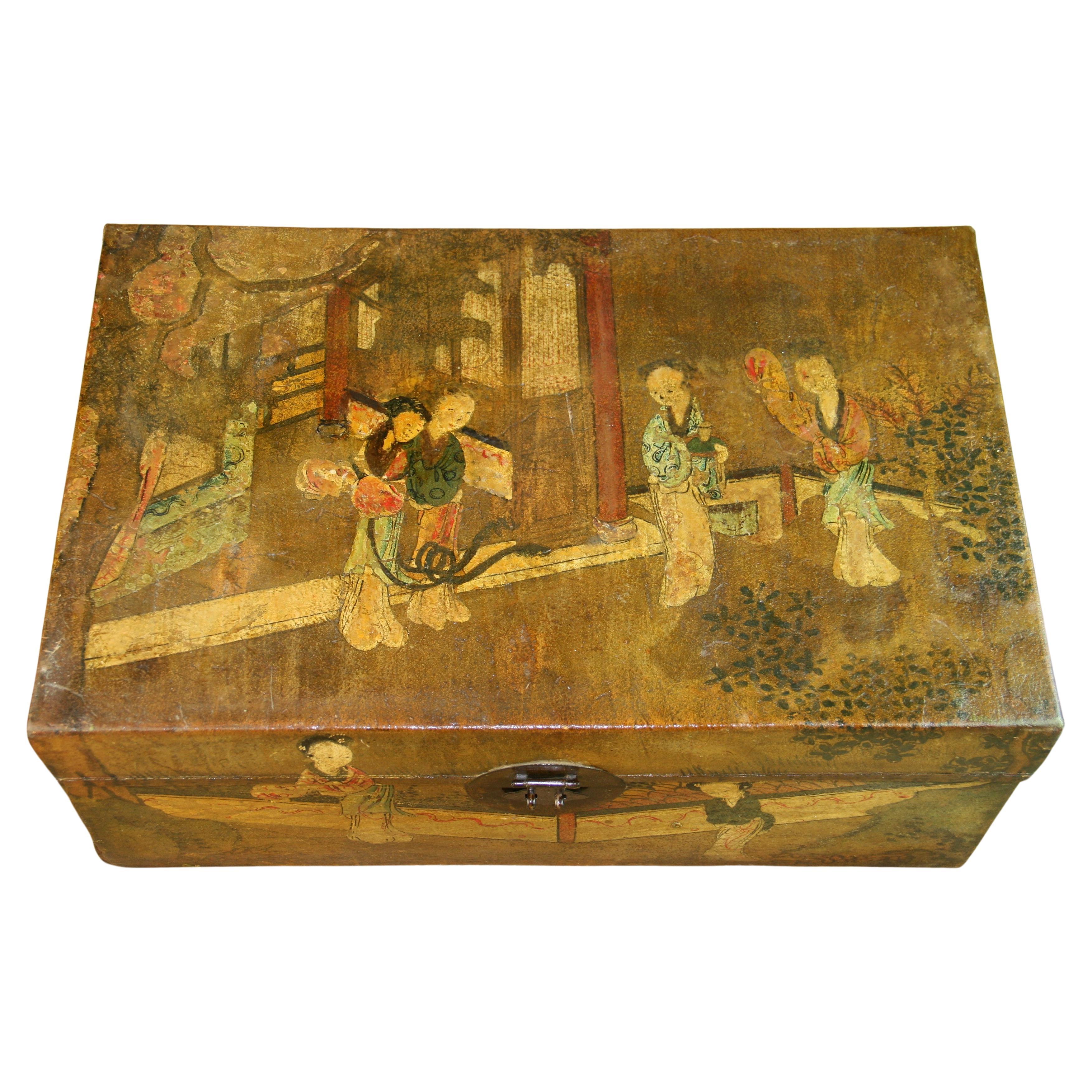 Antique Robe Chest, Japanese Storage Trunk, Handpainted, Oriental Art Deco 1920