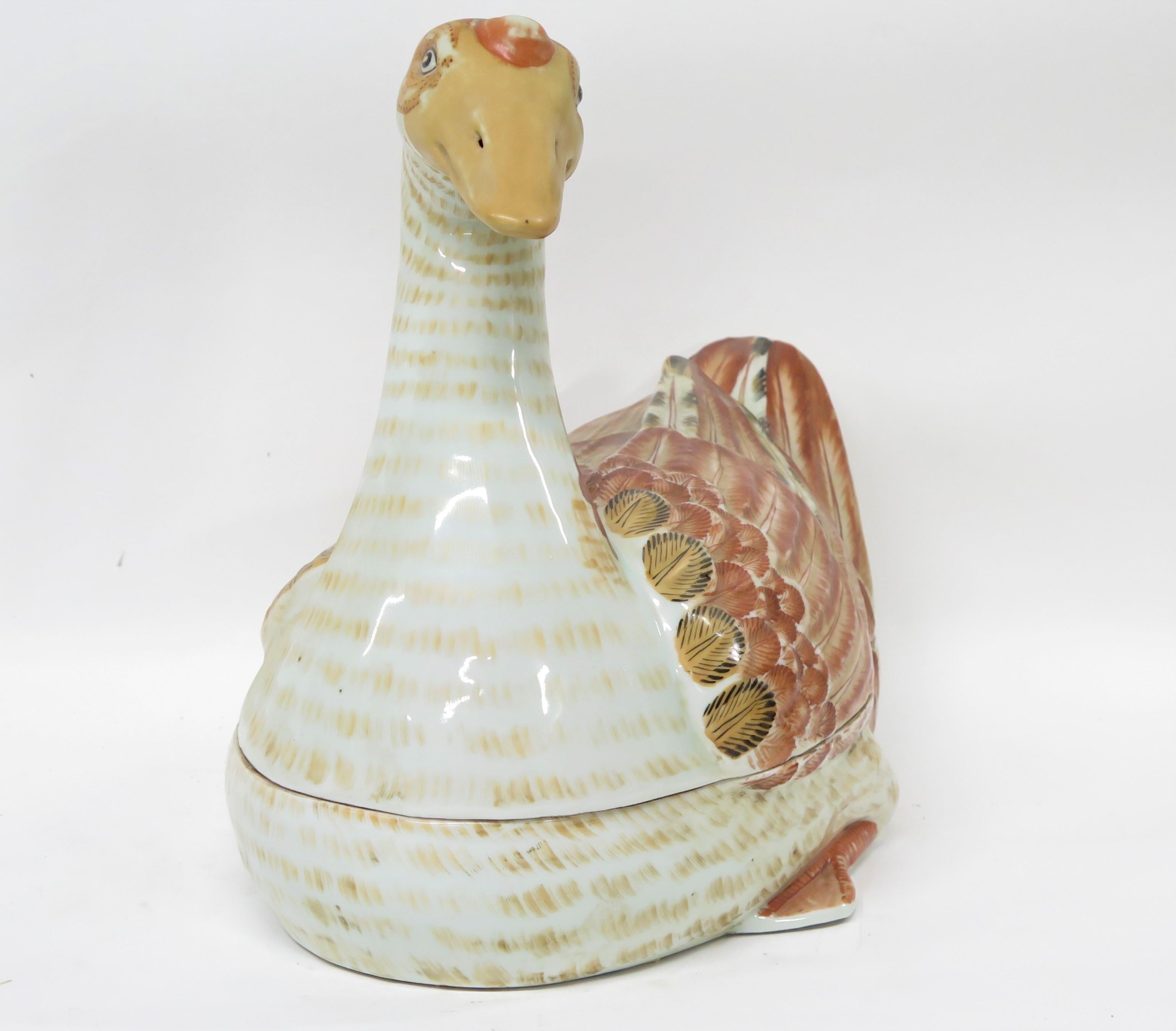 wonderful goose shaped burnt orange Chinese hand-painted tureen, China, late 20th century

(Two available.  Priced individually)

MEASUREMENTS;

14.5