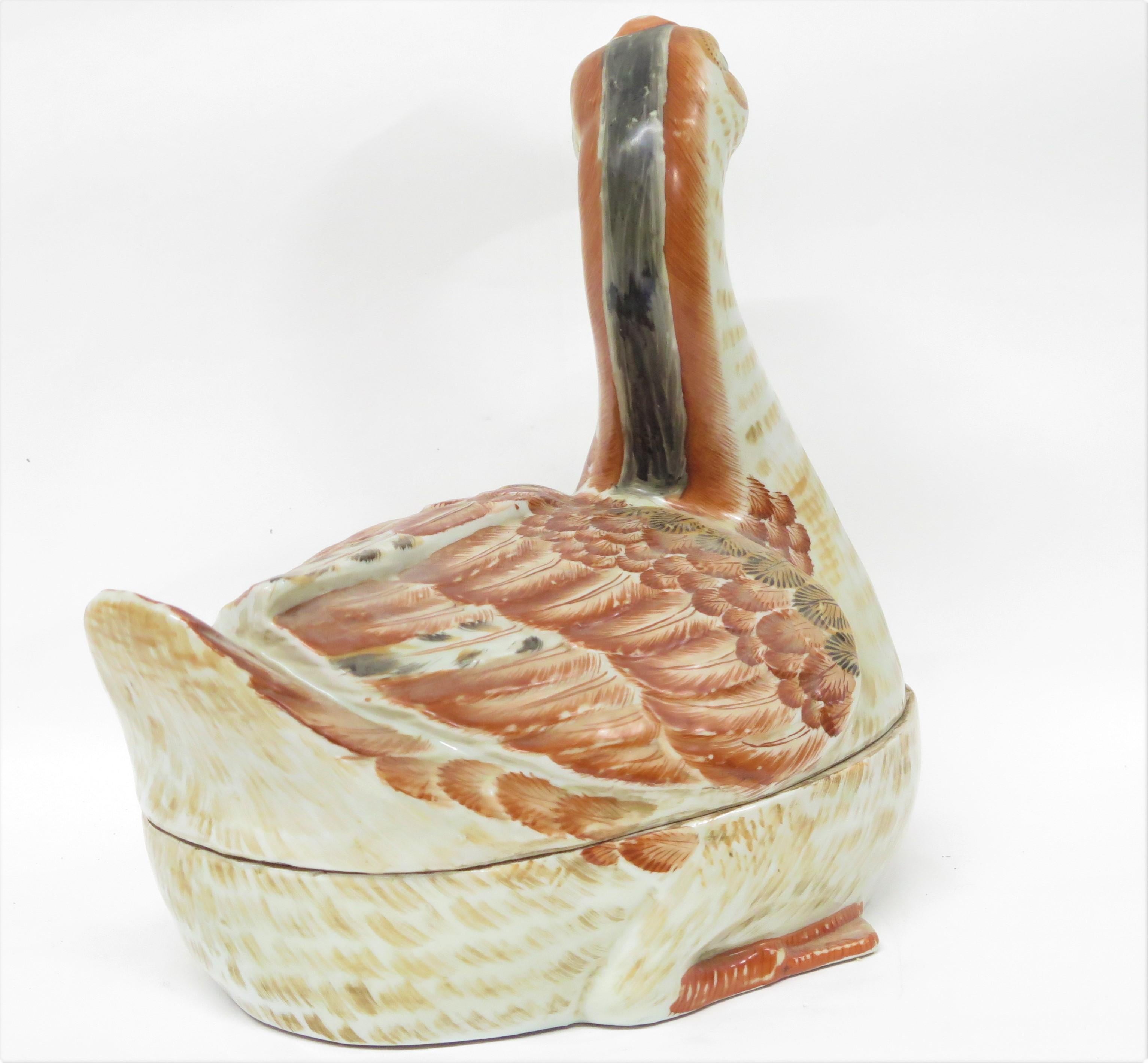 Fired Chinese Hand-Painted Tureen in the Form of a Goose