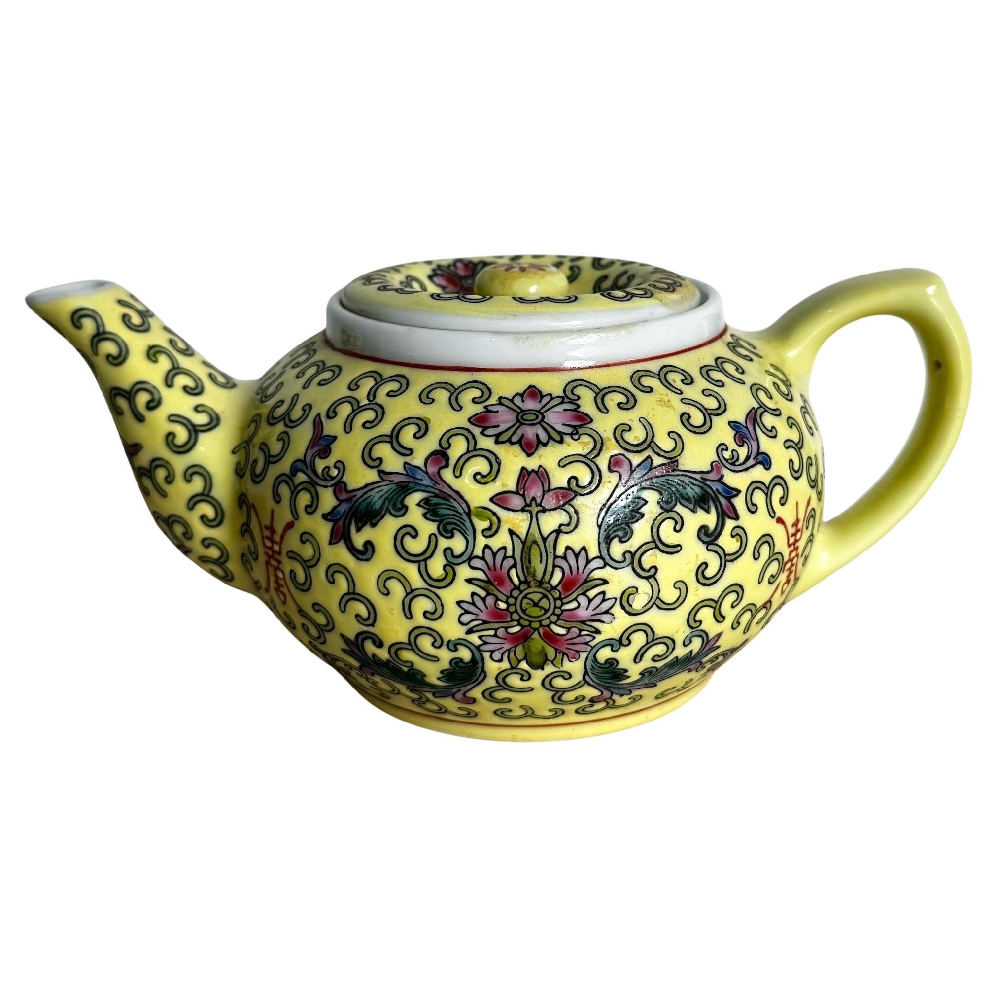 Chinese Hand Painted Yellow Floral Porcelain Famille Tea Pot