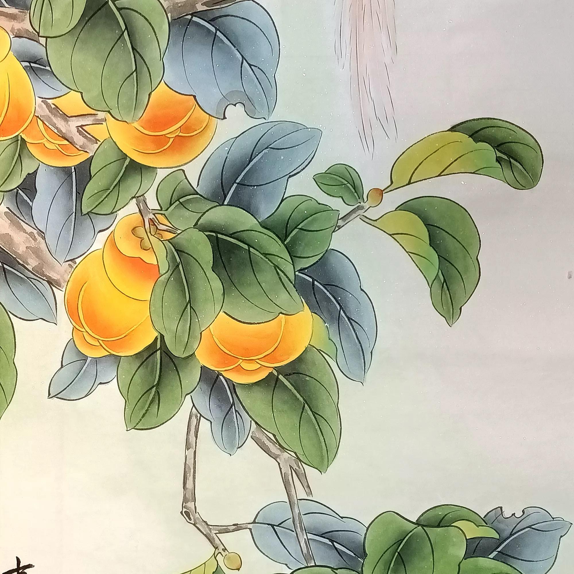 Peinture chinoise à la main - Oiseaux Persimmons sur papier Bon état - En vente à 景德镇市, CN