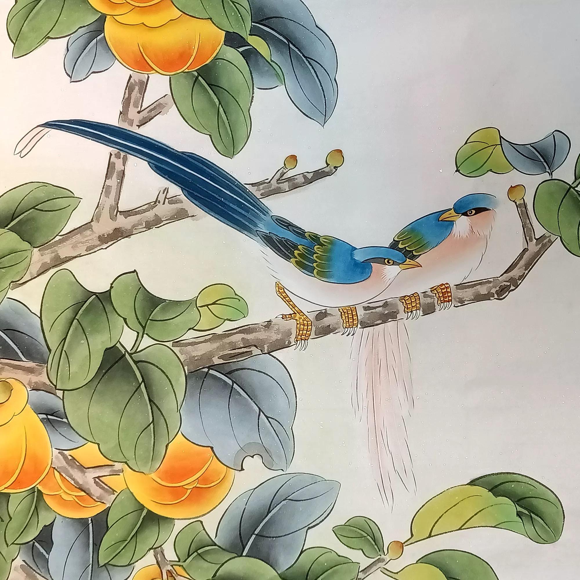 XXIe siècle et contemporain Peinture chinoise à la main - Oiseaux Persimmons sur papier en vente