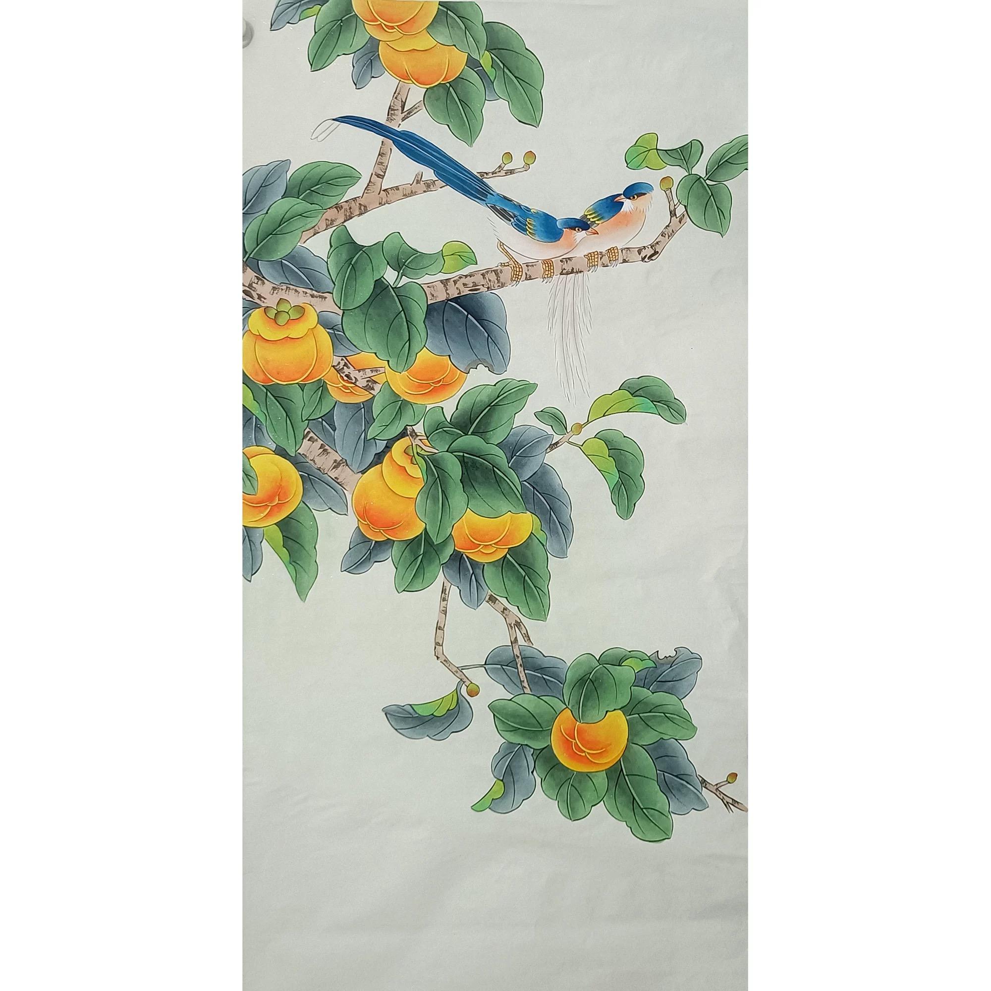 Peinture chinoise à la main - Oiseaux Persimmons sur papier en vente 1