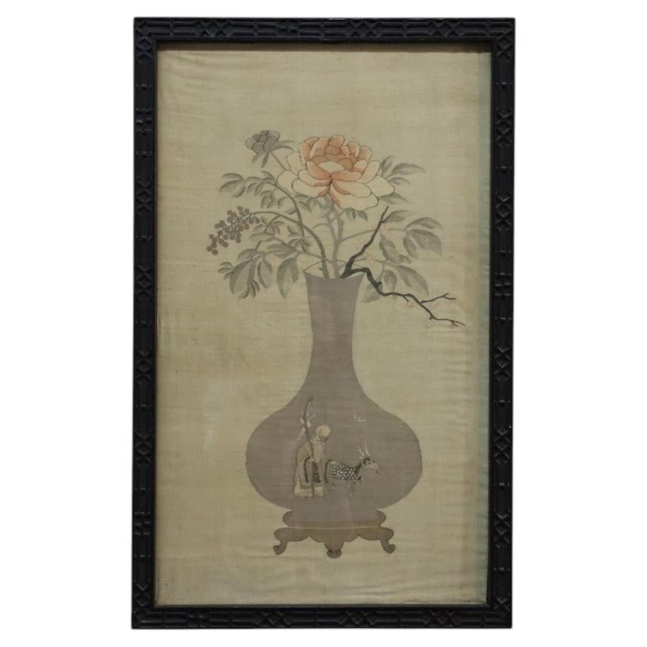 Chinese Hand Stitched, Embroidered & Painted Framed Silk Panel Of Flowers 20thC