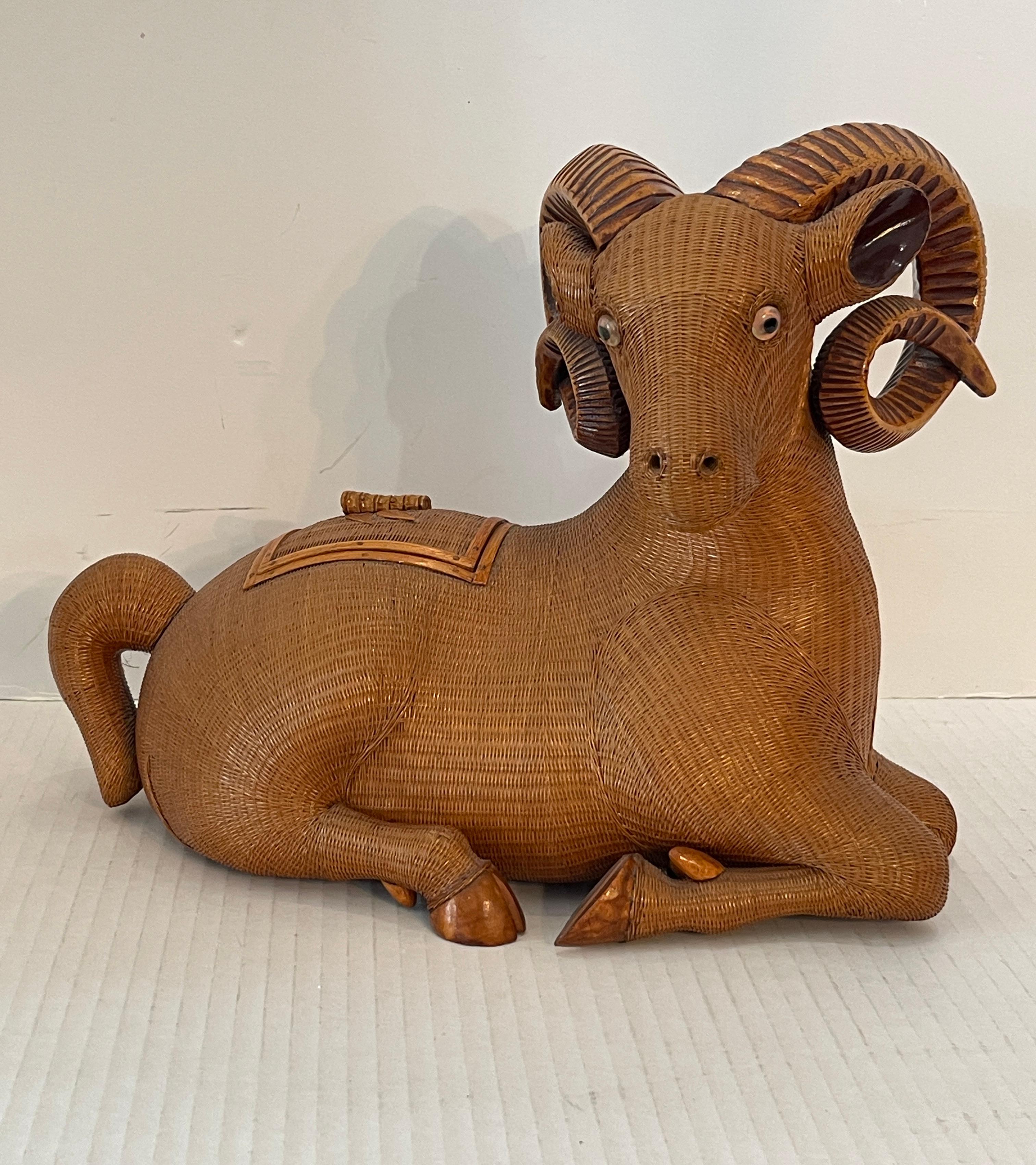 Just in this charming Chinese Hand Woven  Wicker Ram Box, from the Shanghai Collection.
This ram has large hand carved Horns and hand carved hoofs.
The eyes are glass and striking.
Very good vintage condition, consistent with age and use,
No loss of