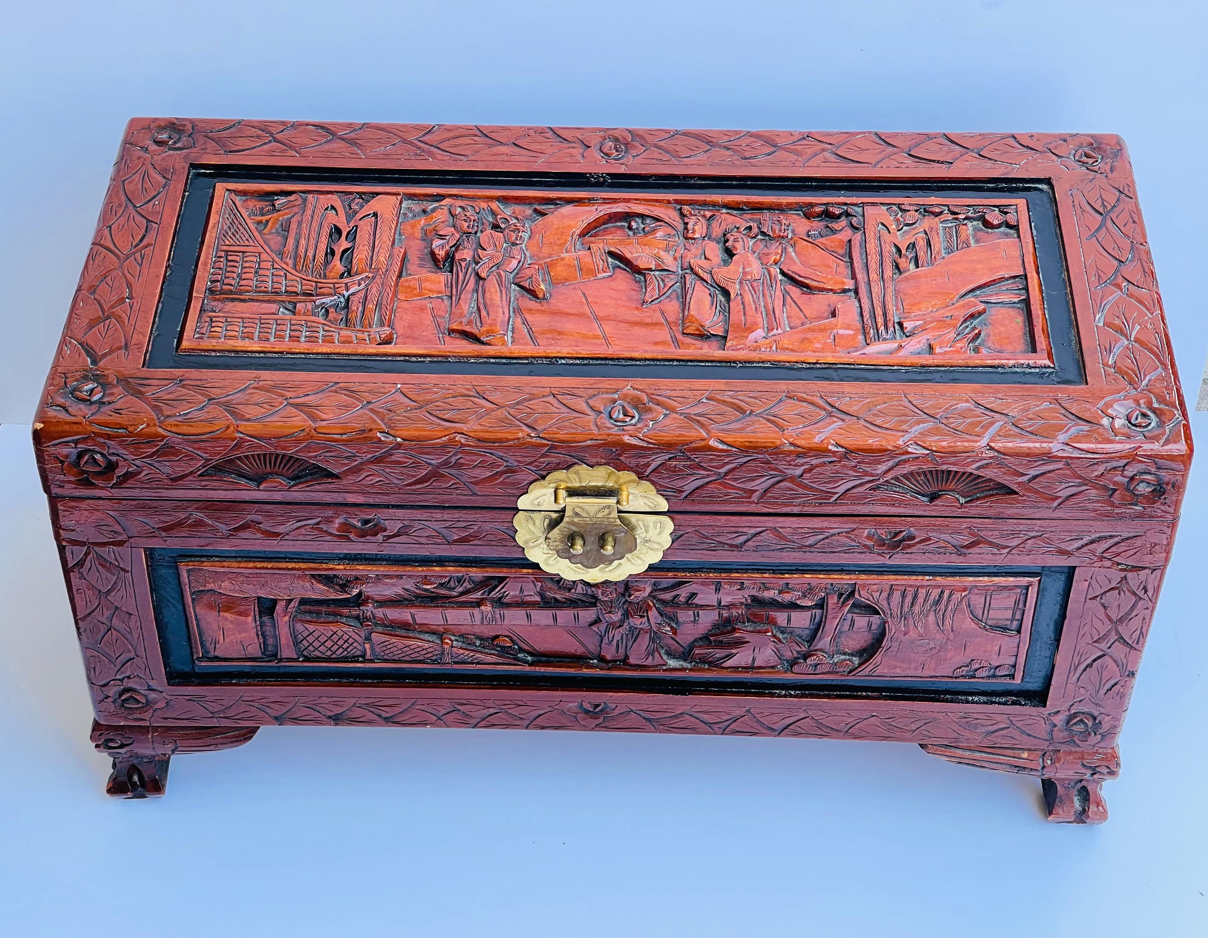 Chinese Handcarved Chinoiserie Wood Trunk Chest In Good Condition For Sale In Boca Raton, FL