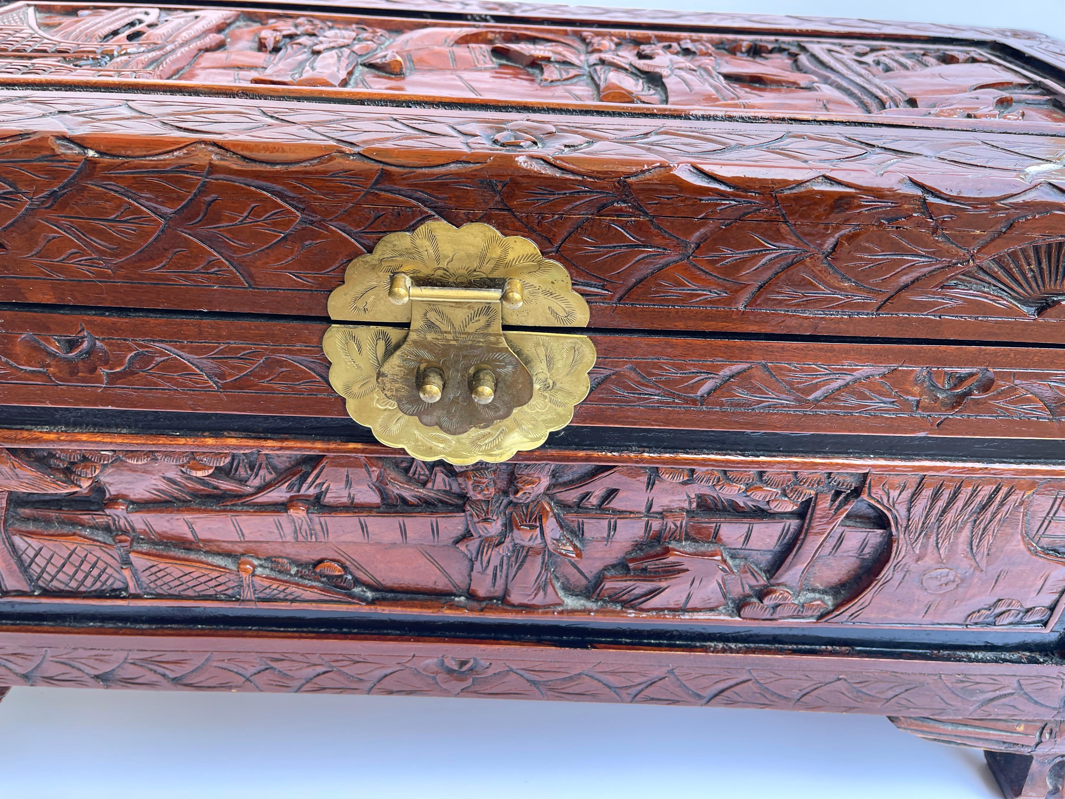 Chinese Handcarved Chinoiserie Wood Trunk Chest For Sale 1