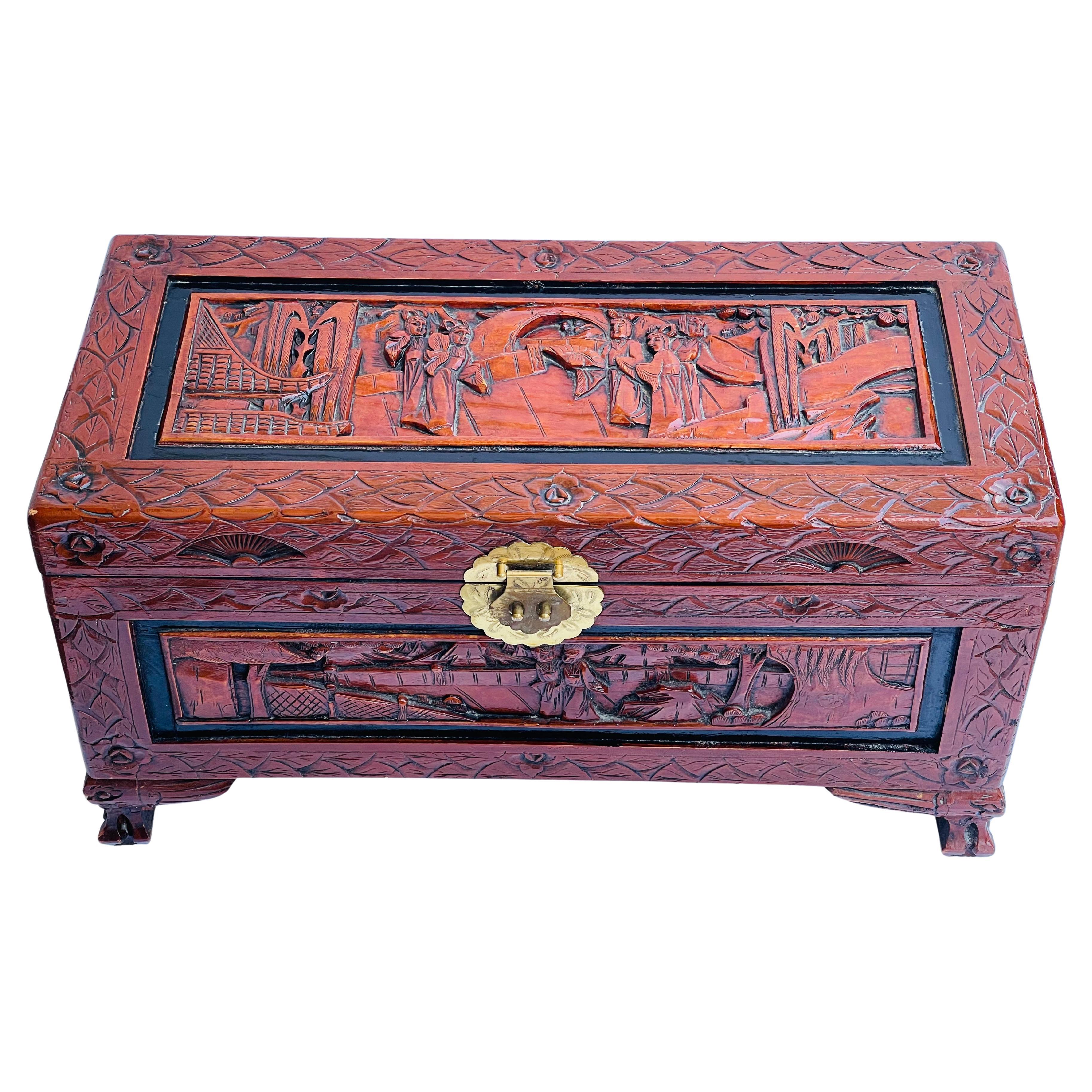 Chinese Handcarved Chinoiserie Wood Trunk Chest