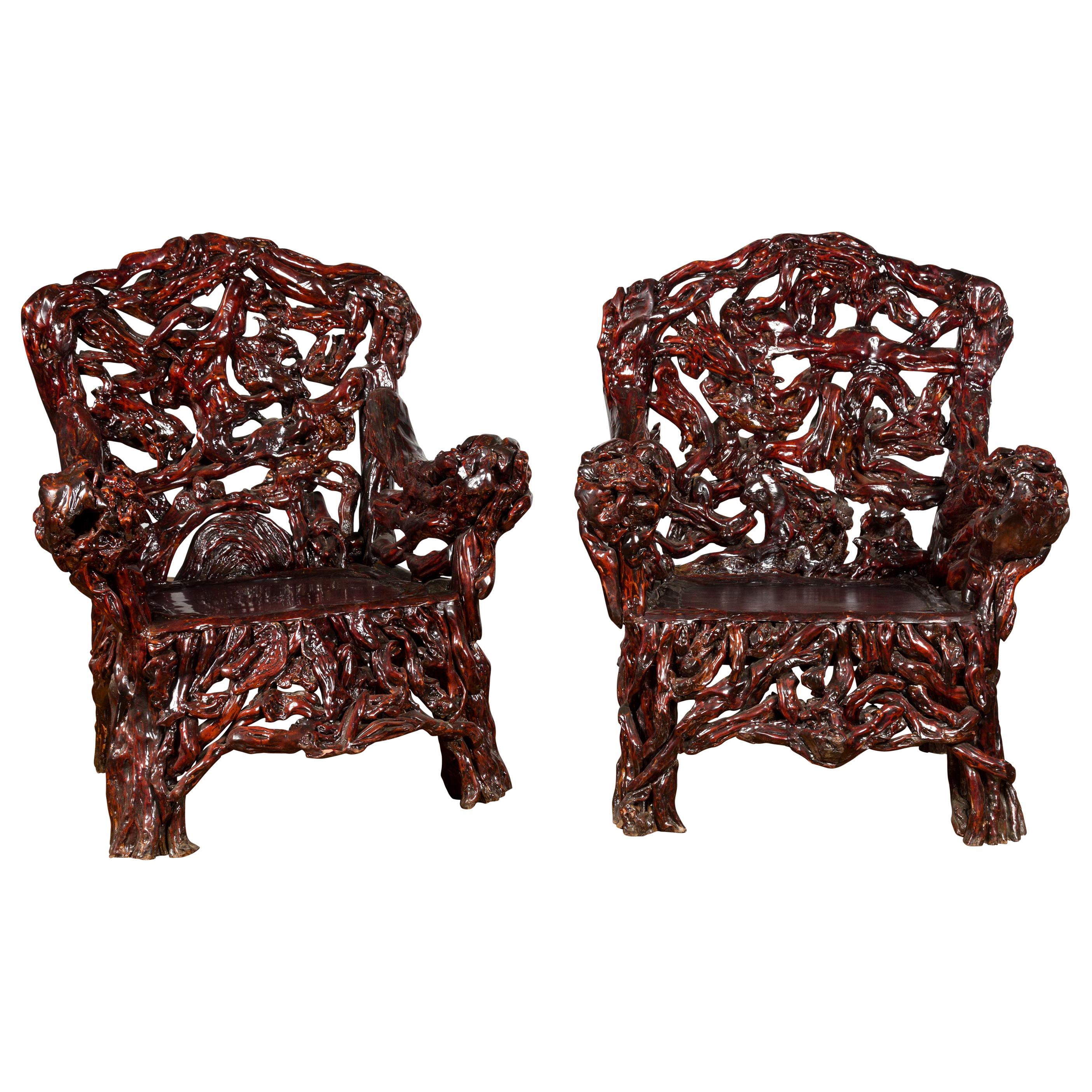Chinese Hand-Carved Azalea Root Armchairs with Dark Patina, Sold Each For Sale