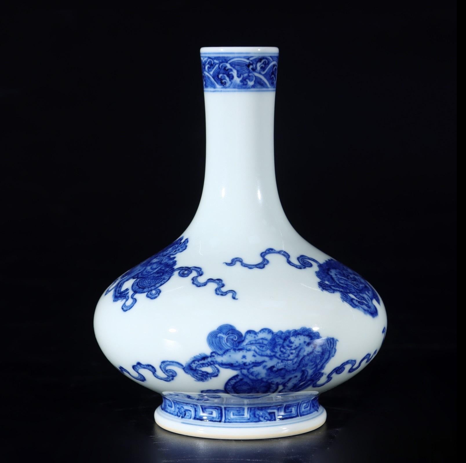Contemporary Chinese Handmade Blue White Lions Porcelain Vase, in Stock For Sale