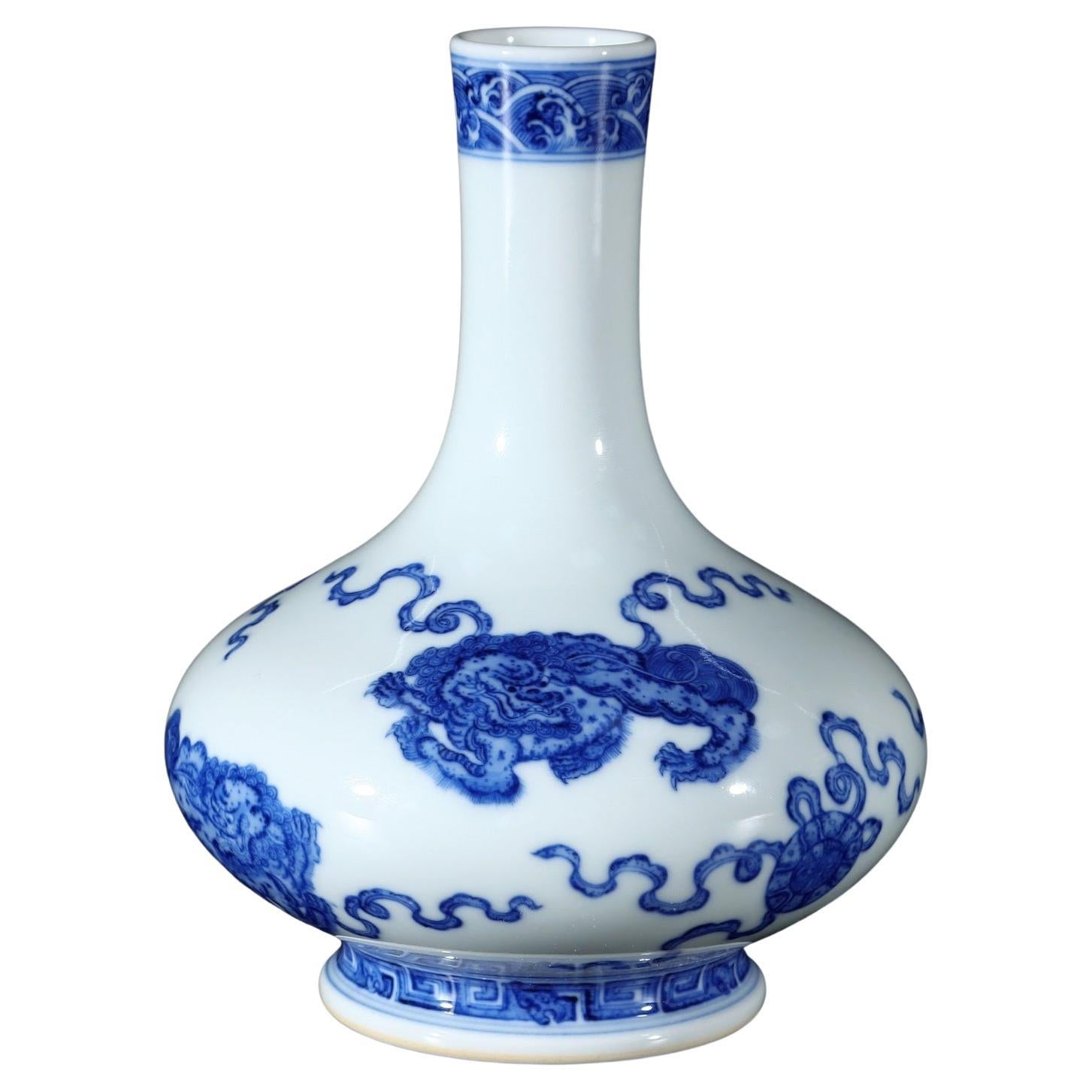 Chinese Handmade Blue White Lions Porcelain Vase, in Stock For Sale