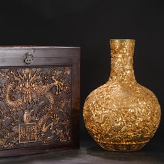 Chinese Handmade Deeply Carved Floral Dragon Pattern Large Gold Porcelain Vase