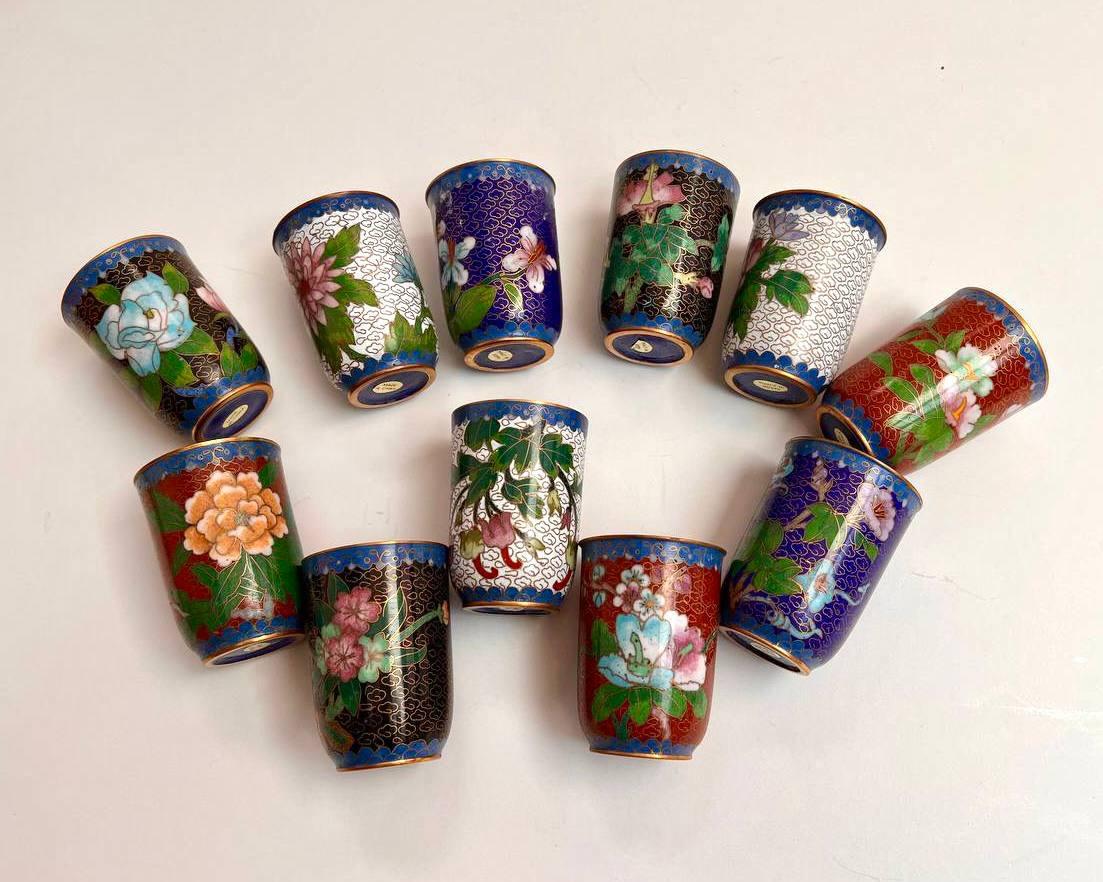 Chinoiserie Chinese Handmade & Drawn Cloisonne Enamel Intricate Flowers Brush Pots, Set 11 For Sale