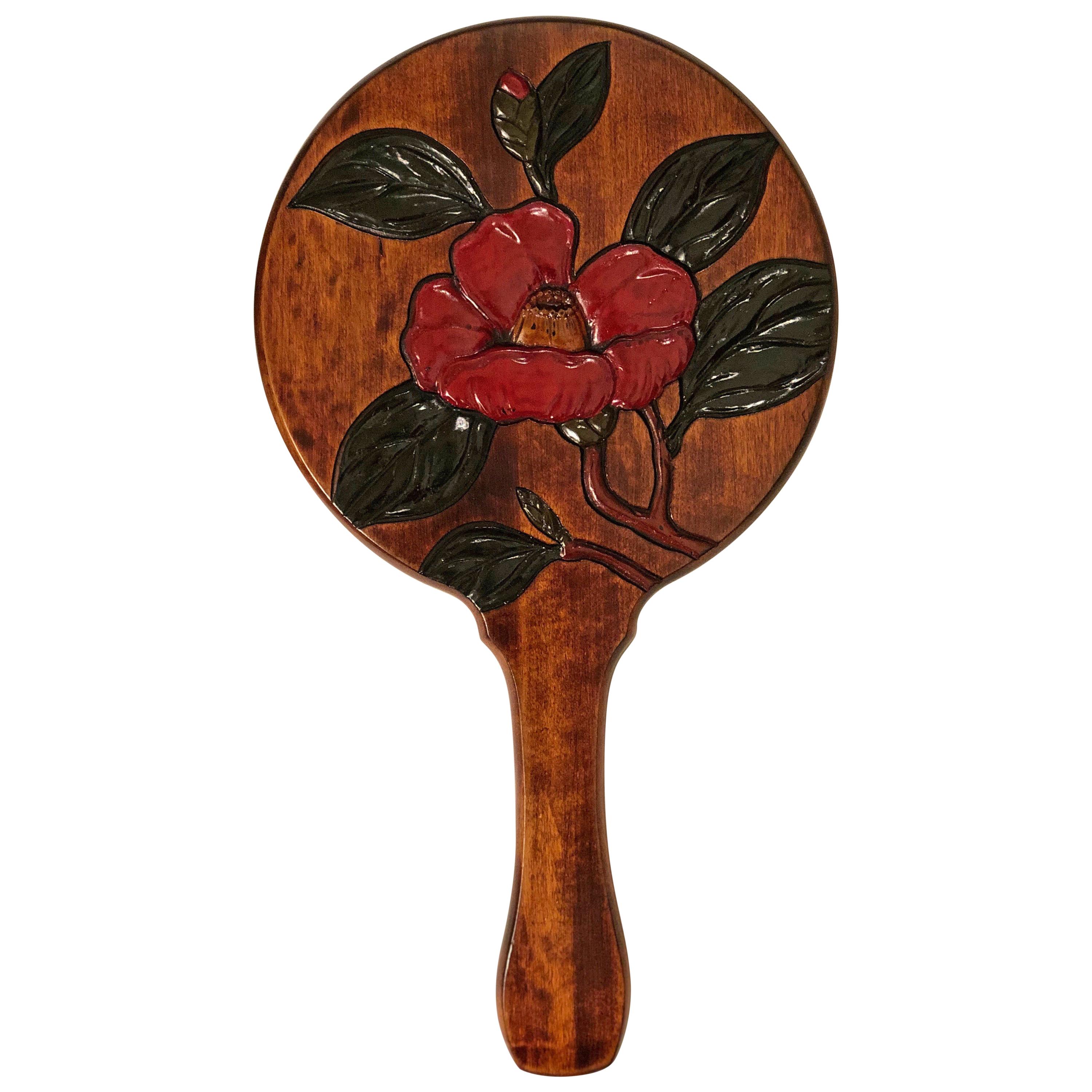Chinese Handmade Rosewood Round Mirror Carved Flower Box