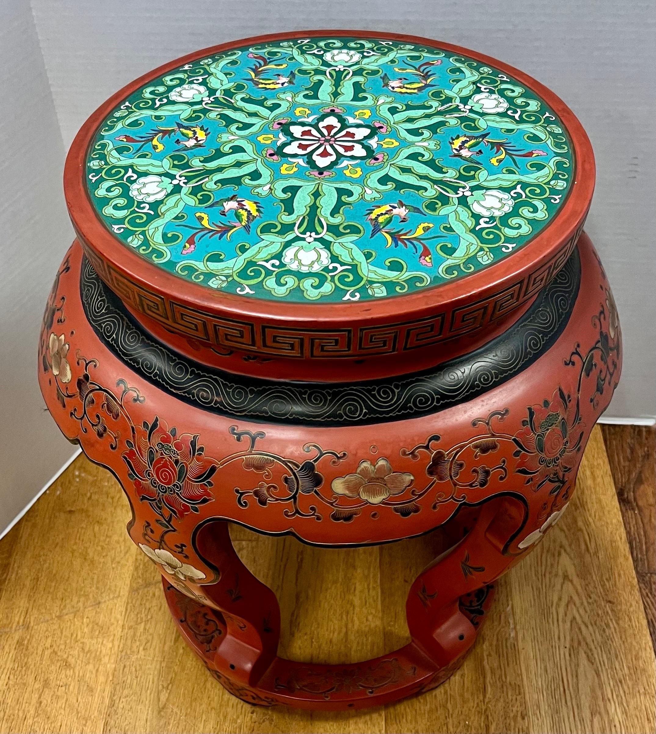 Beautiful Qing Dynasty Chinese red lacquer garden stool/pedestal that features a green cloissone seat with a colorful bird and floral motif. Base has hand carved handpainted pattern of flowers all around. Iconic and gorgeous. Why not own the best?.