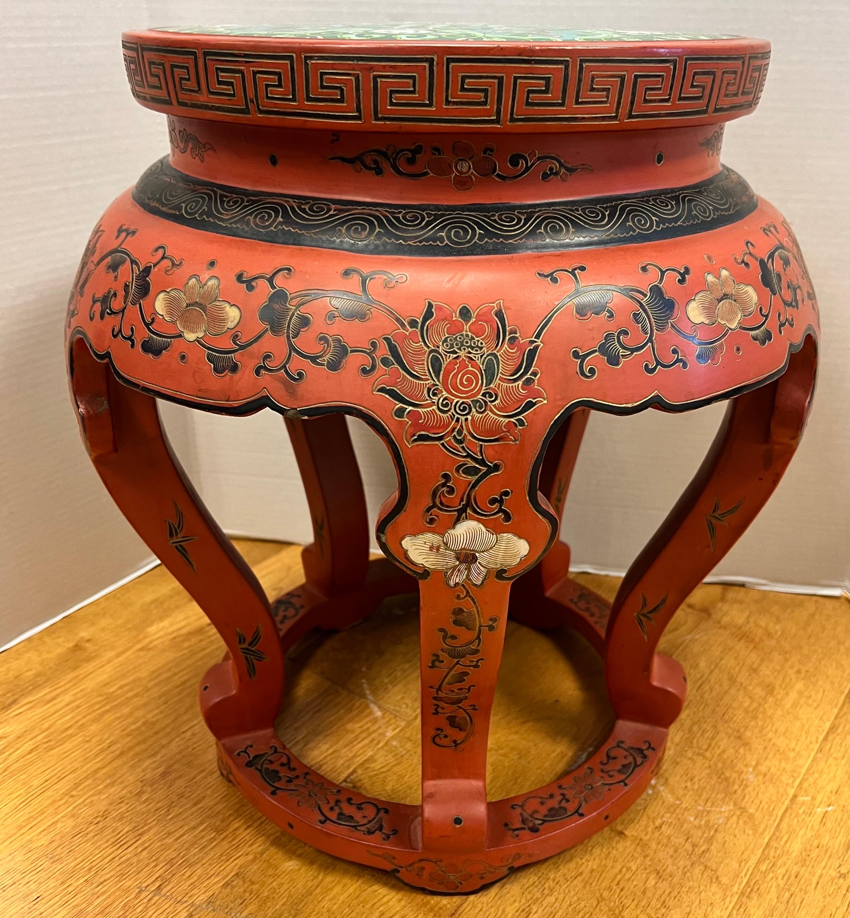 Chinoiserie Chinese Handpainted Painted Red Garden Stool Pedestal with Cloisonne Top