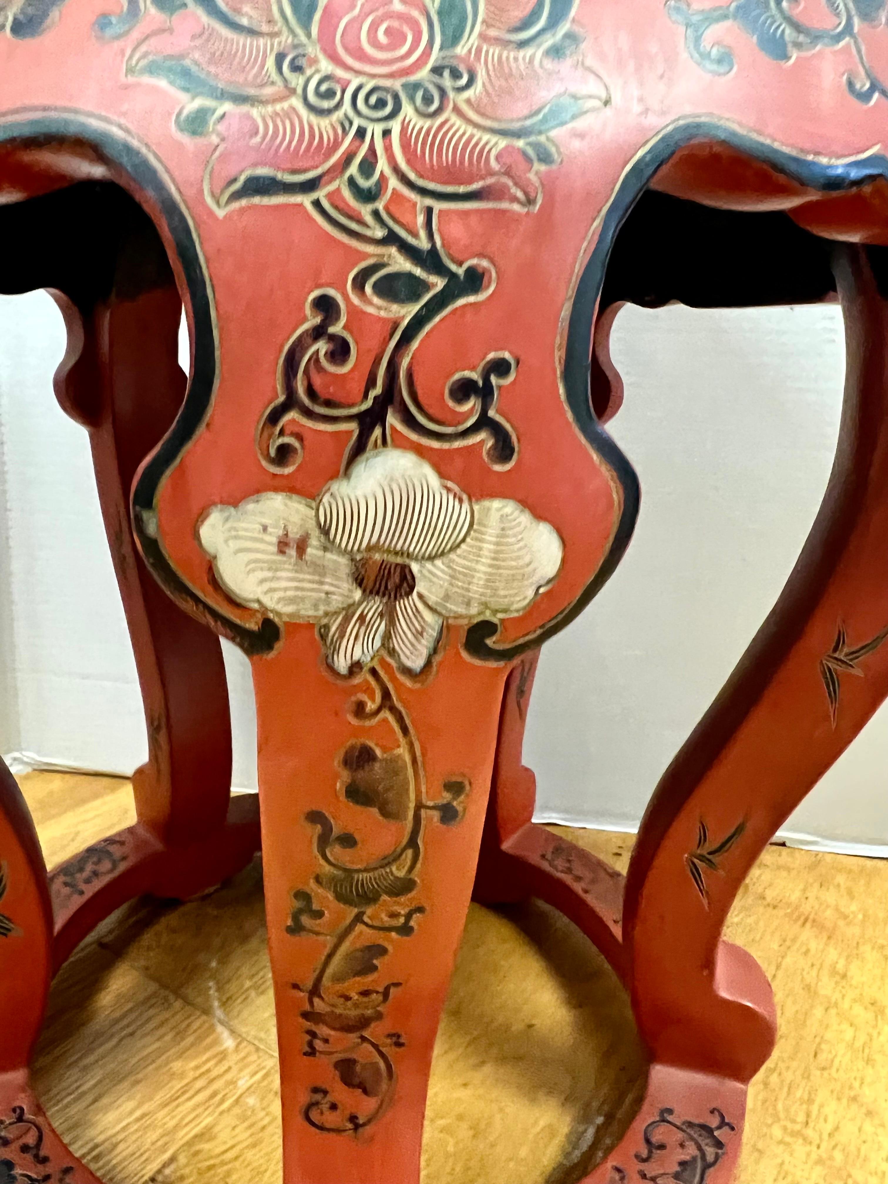 Chinese Handpainted Painted Red Garden Stool Pedestal with Cloisonne Top In Good Condition In West Hartford, CT