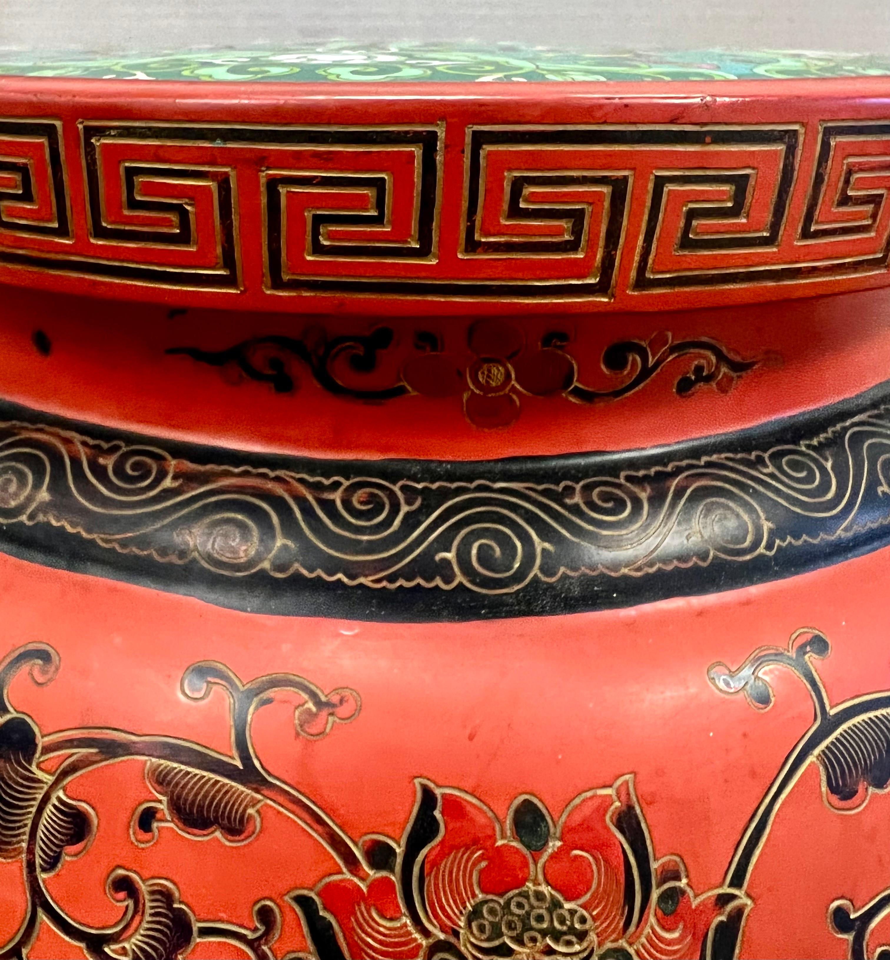 Wood Chinese Handpainted Painted Red Garden Stool Pedestal with Cloisonne Top