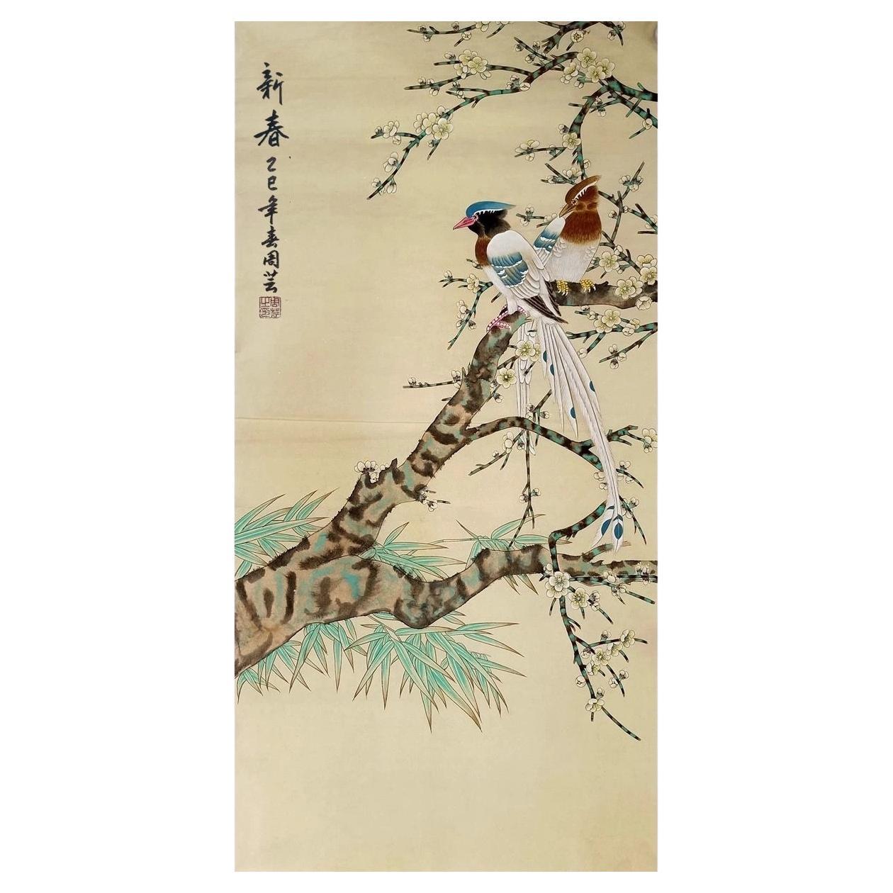 Rouleau chinois peint à la main avec des oiseaux et des fleurs en vente