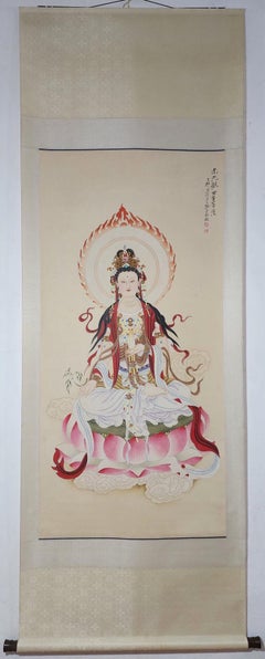 Chinese Handpainting Guanyin Buddha Paper Scroll