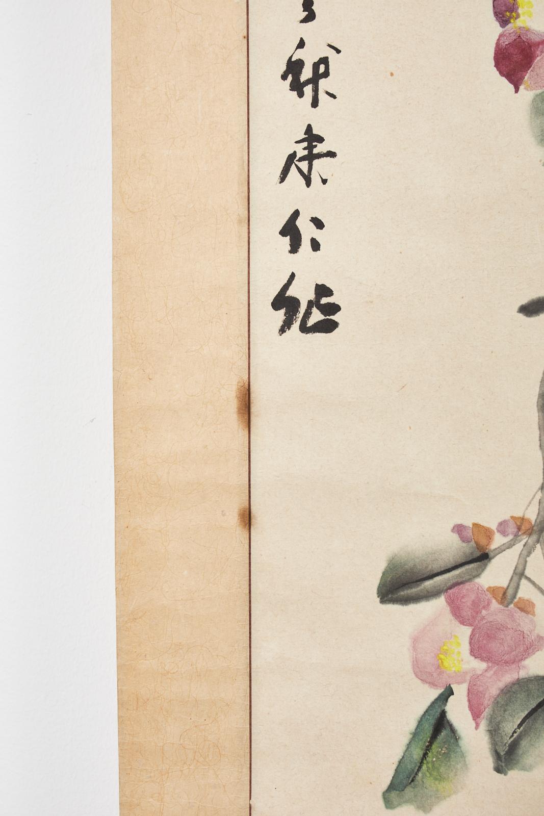 Chinese Hanging Scroll Painting of Camellias Signed Dated For Sale 5